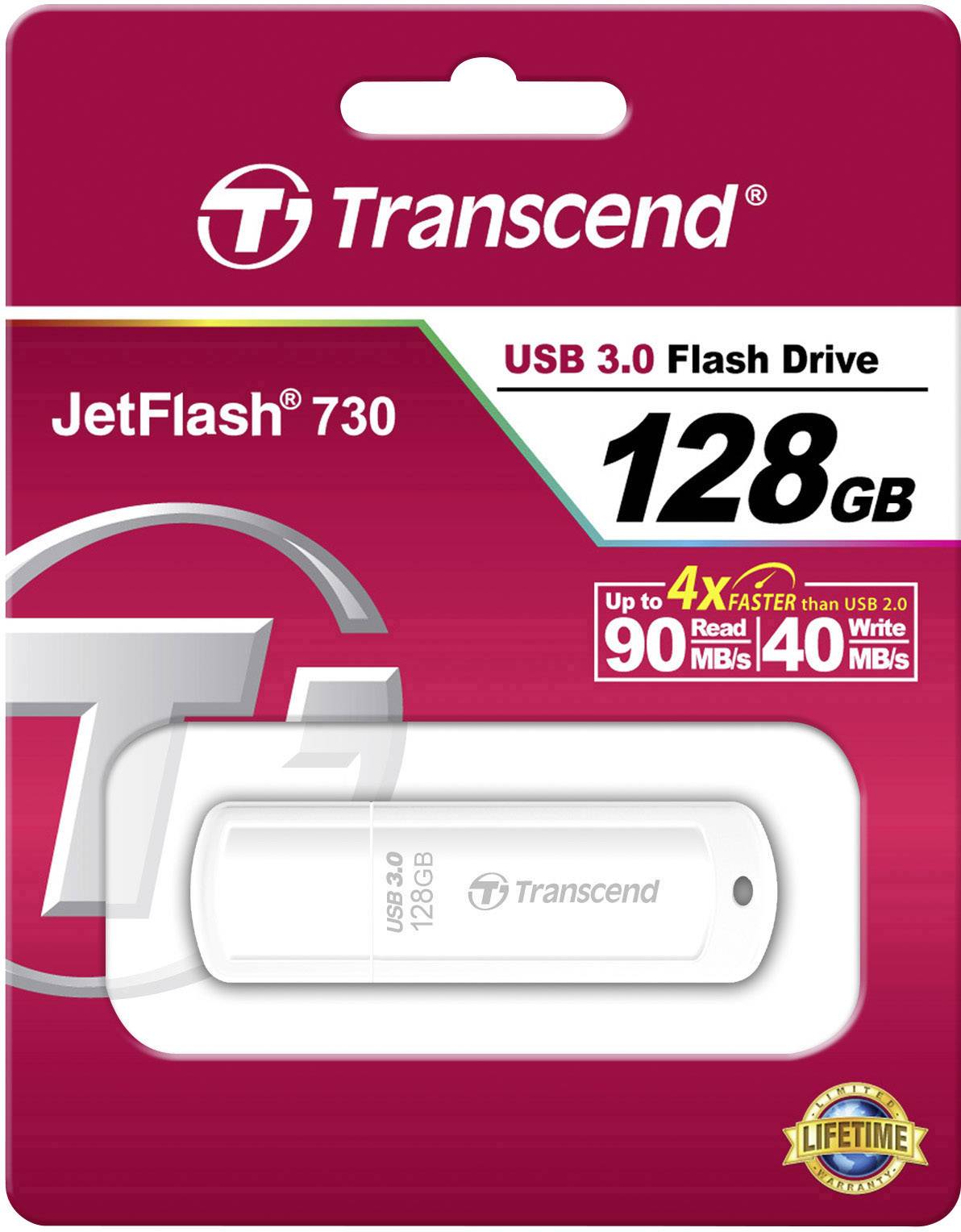 Transcend JetFlash 730 USB 3.0 Flash-Laufwerk in Verpackung, 128 GB Kapazität, Geschwindigkeit: bis zu 90 MB/s lesen, 40 MB/s schreiben.