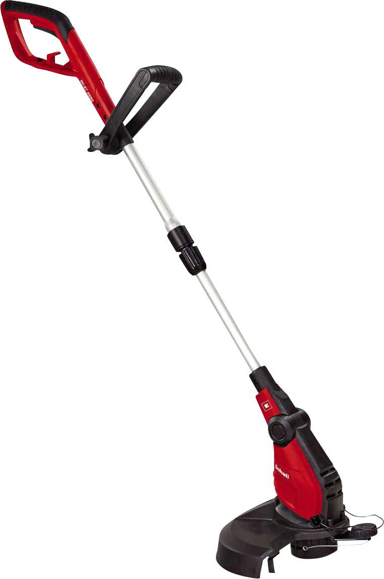 Ein roter, elektrischer Rasentrimmer mit verstellbarem Teleskopstiel und ergonomischem Griff, ideal für präzises Rasenkantenmähen.