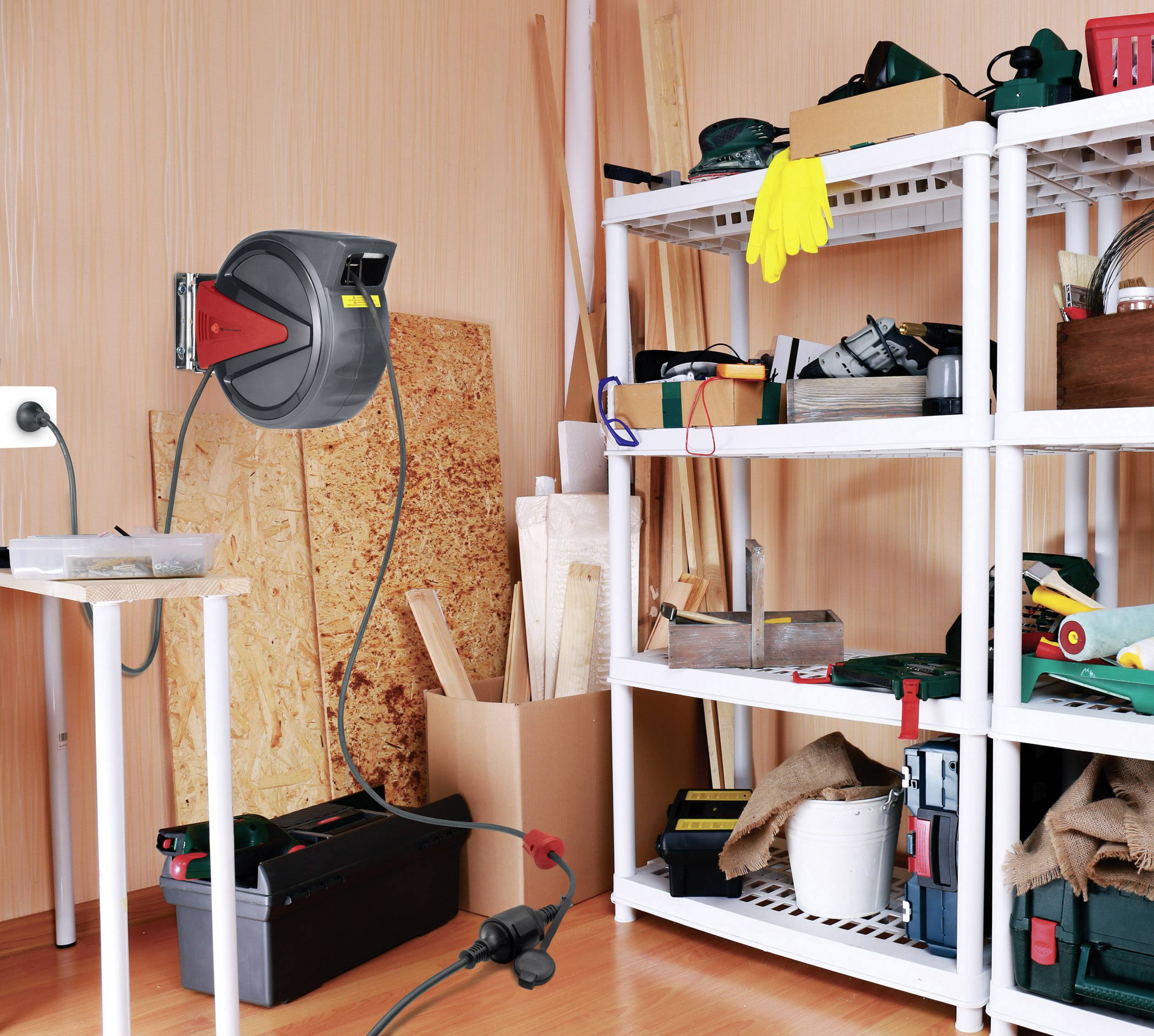 TOOLCRAFT 1421463 Wandkabeltrommel 20.00 m Schwarz Schutzkontakt-Stecker