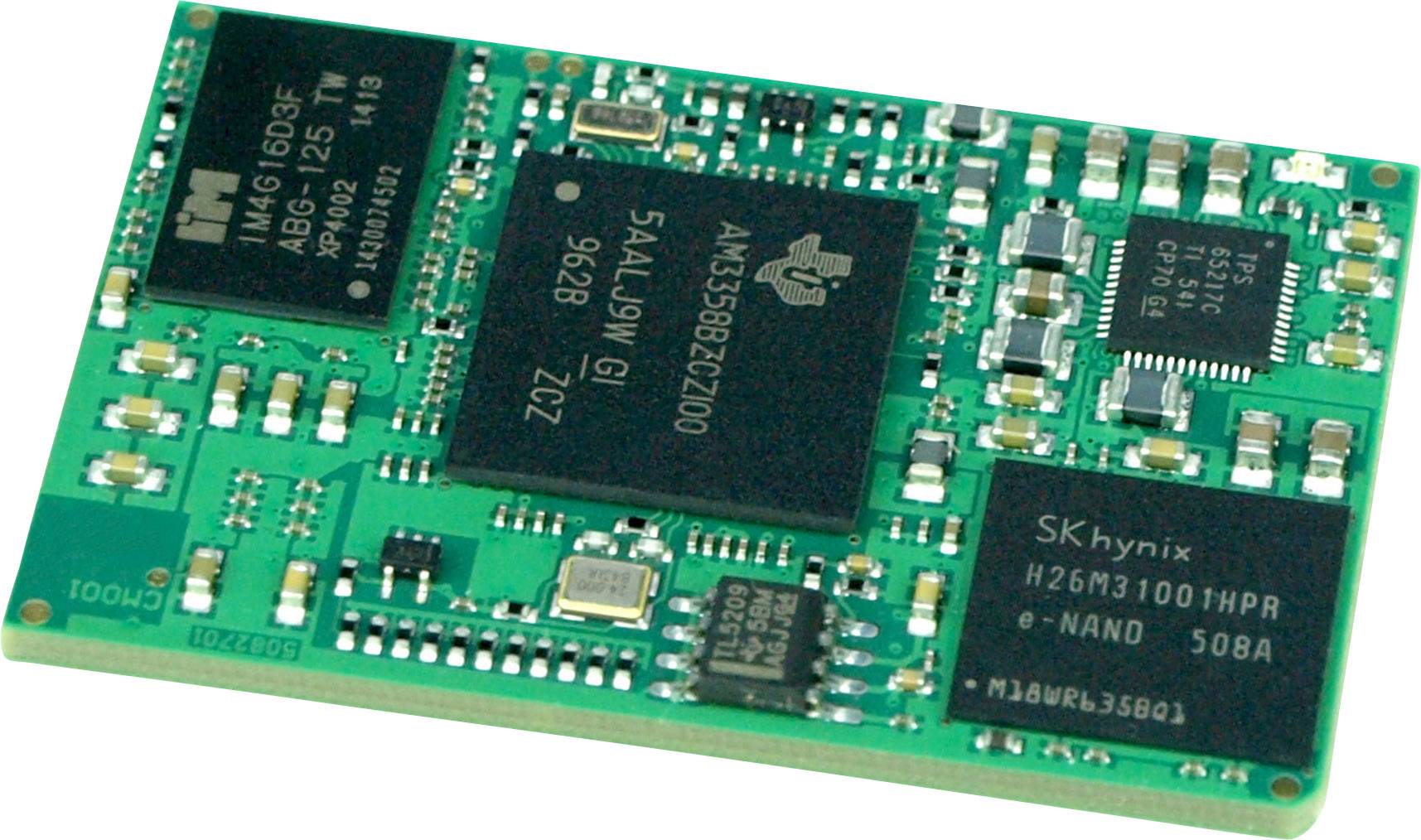 Eine grüne elektronische Platine mit mehreren schwarzen und silbernen Chips, darunter ein großer in der Mitte mit der Aufschrift 'AM3358BZCZD00'.