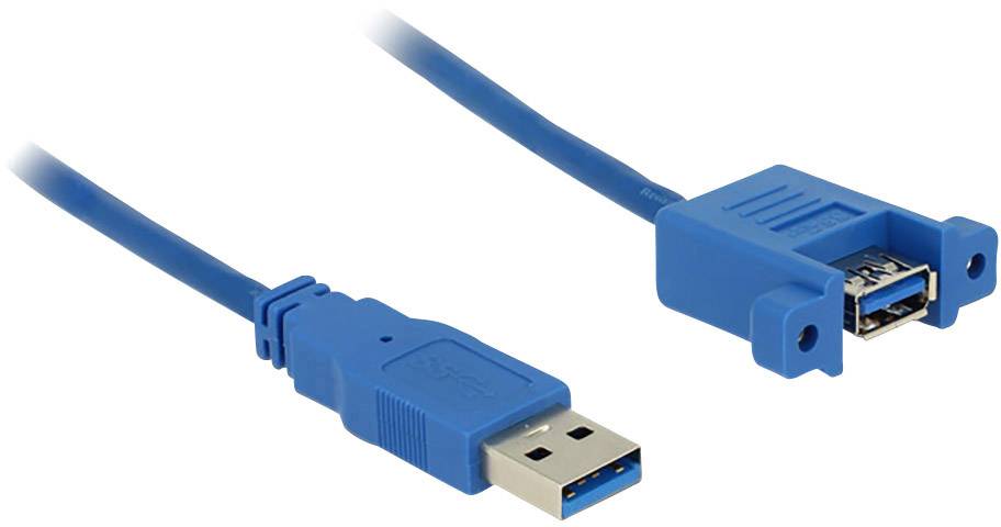 Blaues, doppelseitiges USB-Verlängerungskabel mit einem Standard-USB-Stecker auf der linken und einer USB-Buchse auf der rechten Seite.