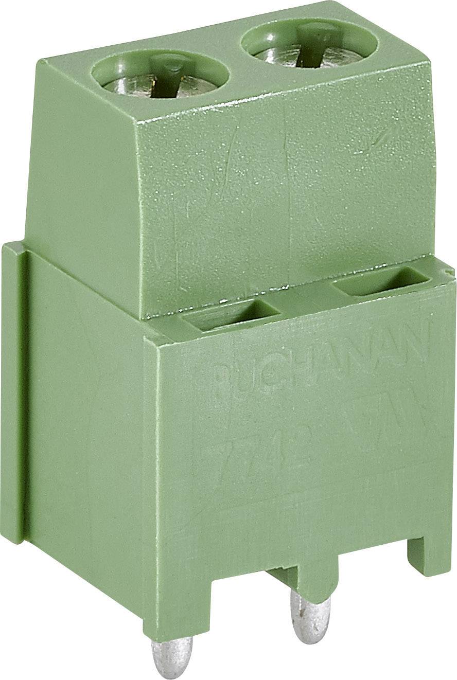 Grüner Steckverbinder mit zwei Öffnungen für Kabelanschlüsse, vertikale Pins unten, geeignet für elektronische Schaltungen.