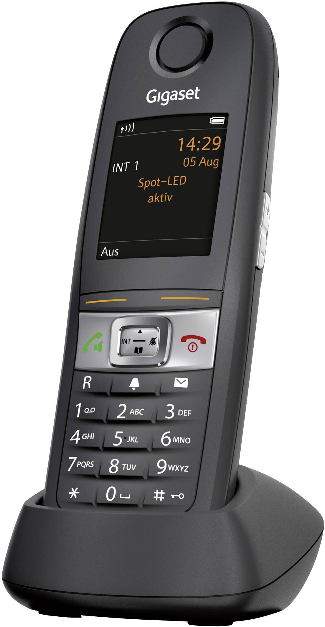 Ein schnurloses Telefon, stehend auf einer Ladestation. Bildschirm zeigt Uhrzeit, Datum '05 Aug' und den Status 'Spot-LED aktiv'.