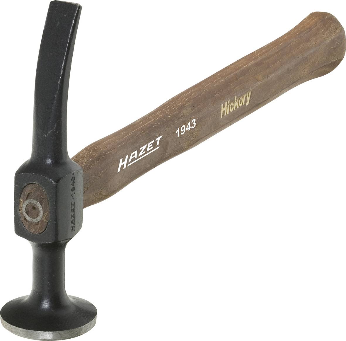 Hammer mit Holzgriff, Aufschrift 'Hazet 1943 Hickory' auf dem Griff, schwarzer Kopf mit abgerundeter und spitzer Seite.