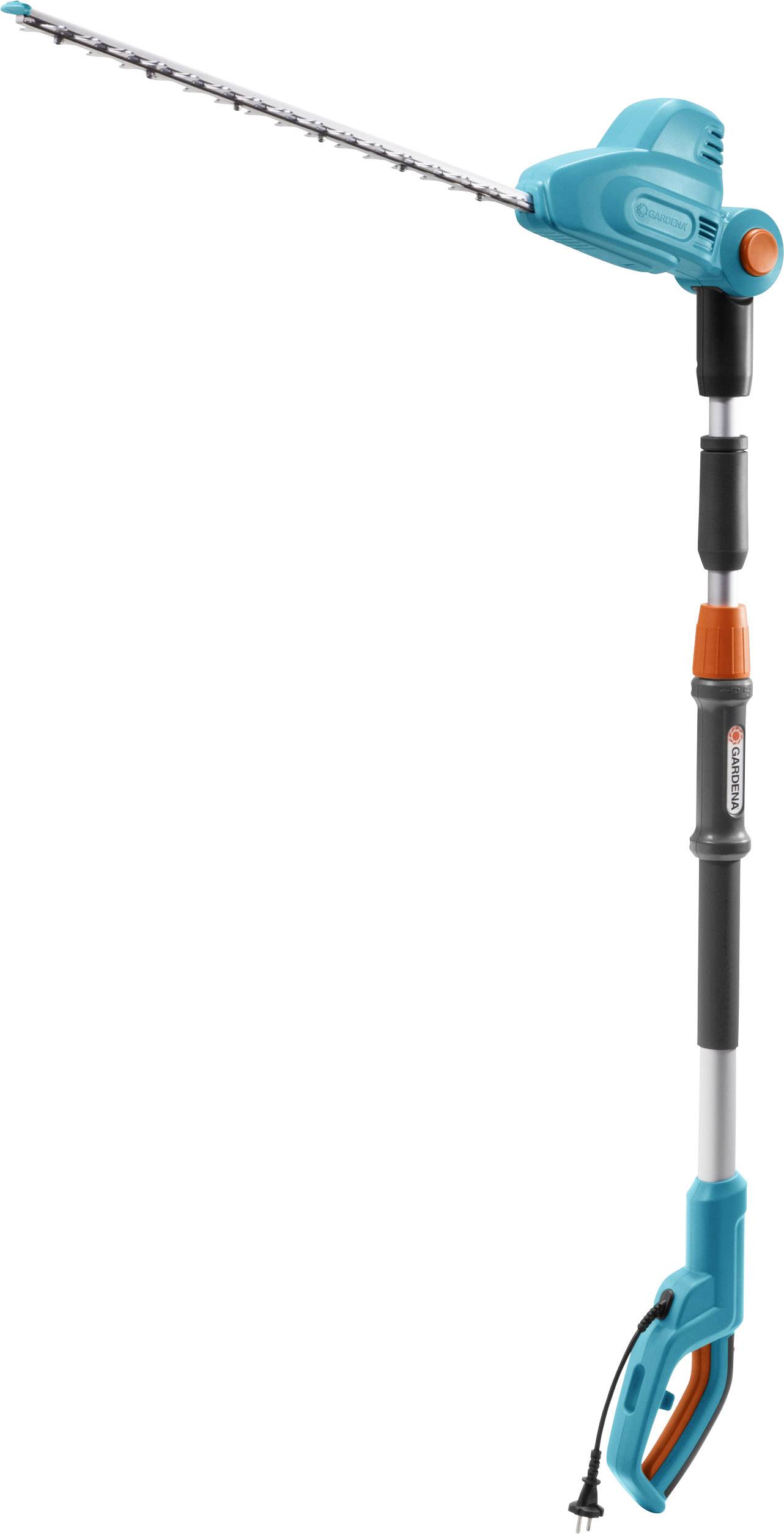 Elektrische Heckenschere mit teleskopierbarem Stiel, blau-schwarzes Design. Ideal für das Schneiden hoher Hecken.