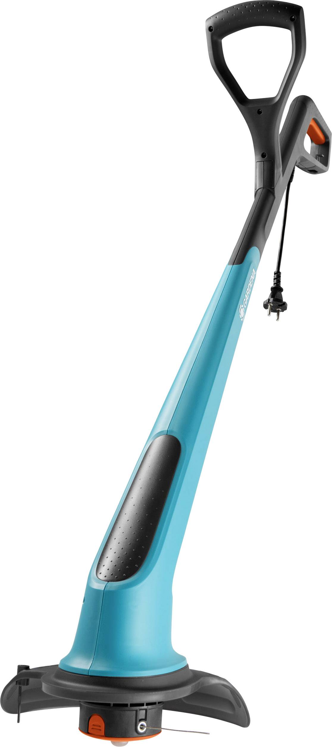 Elektrischer Rasentrimmer mit ergonomischem Griff, schmalem blau-schwarzen Design und einem Kabelanschluss unten. Ideal für Gartenarbeiten.