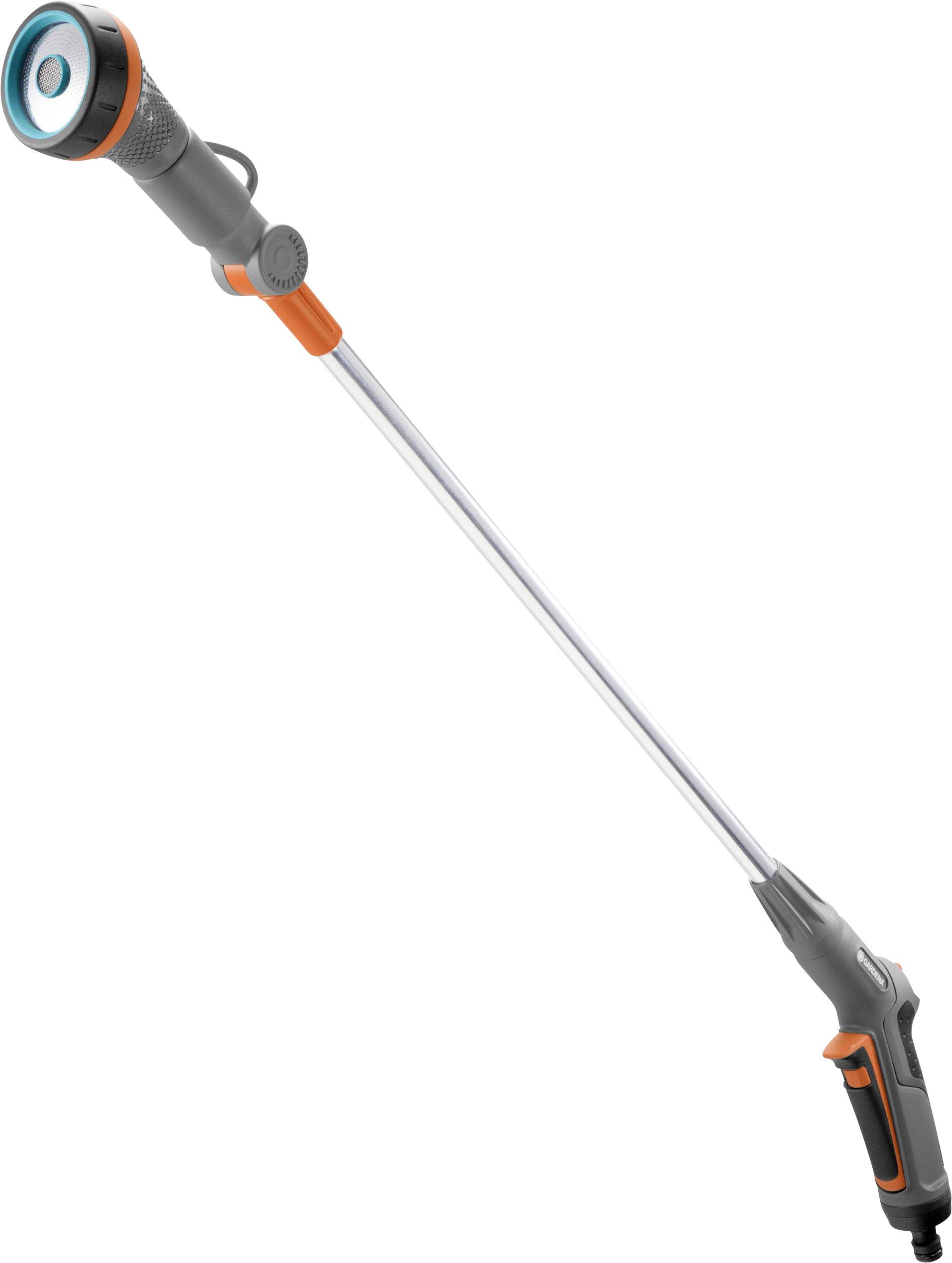 Lange Gießbrause mit Griff, orangenen Akzenten und verstellbarem Wasserdüsenkopf, geeignet für Gartenarbeiten und Bewässerung.