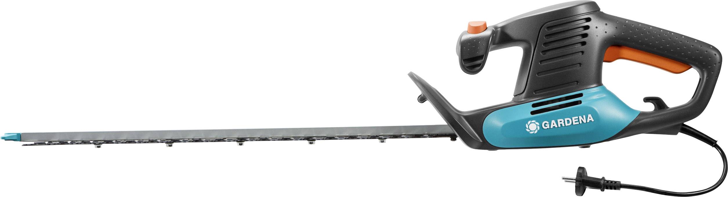 Elektrische Heckenschere von Gardena, mit langem Schneideblatt und ergonomischem Griff, ideal zum Trimmen von Hecken und Sträuchern.