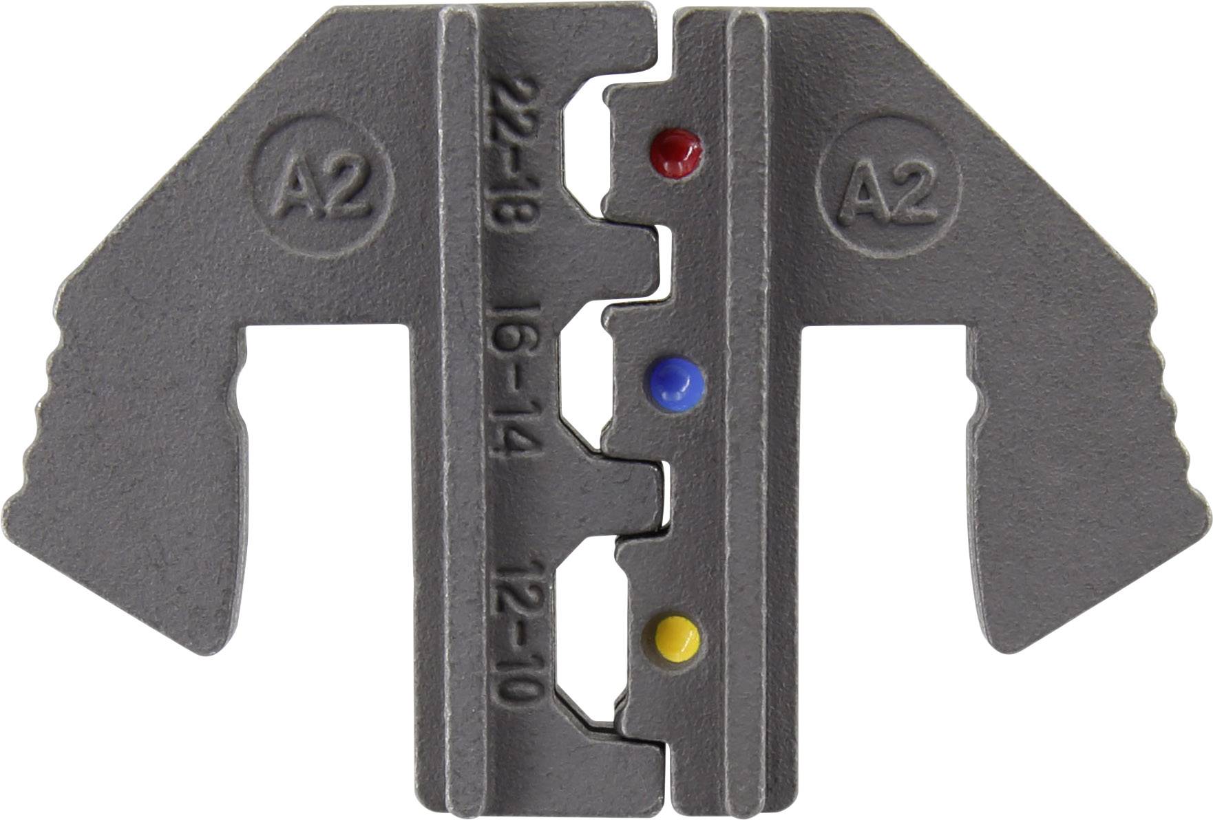 Metallklemme mit zwei Flügeln, gekennzeichnet mit 'A2'. Sie hat Kerben für Größen 22-18, 16-14 und 12-10, markiert mit Farbpunkten.