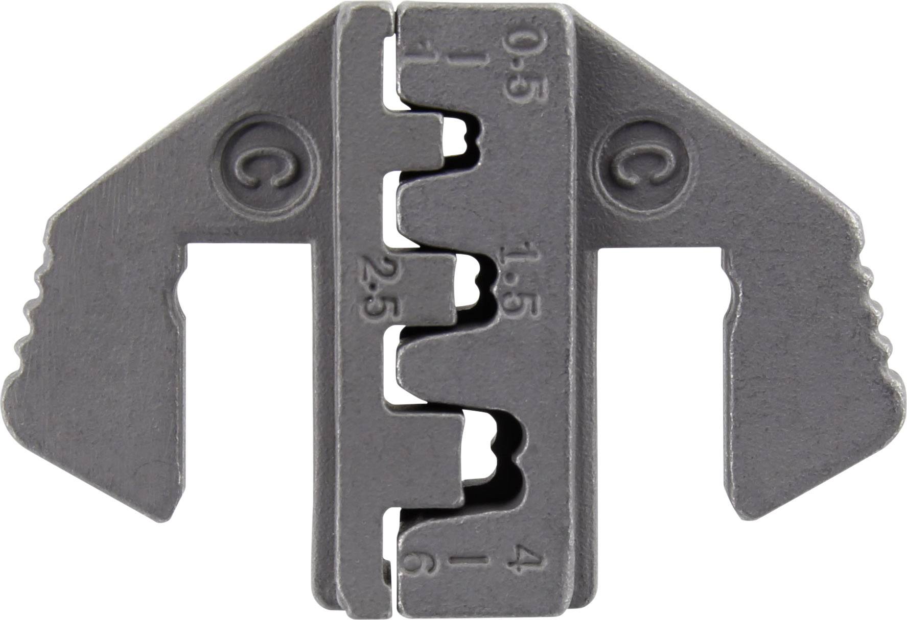 Metallklemme mit mehreren Nutgrößen, beschriftet mit Zahlen (0.5, 1.5, 2.5) und Buchstaben (C), vermutlich zur Fixierung von Kabeln.