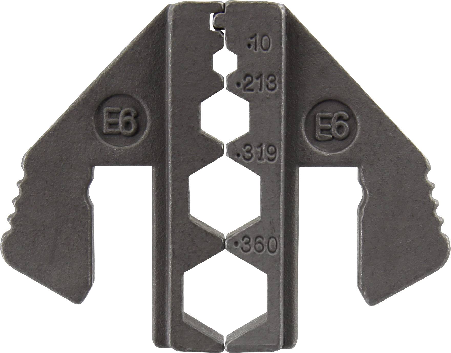 Metallwerkzeug mit sechseckigen Ausschnitten in verschiedenen Größen, markiert mit 'E6', vermutlich zur Größenbestimmung oder für Anpassungen.