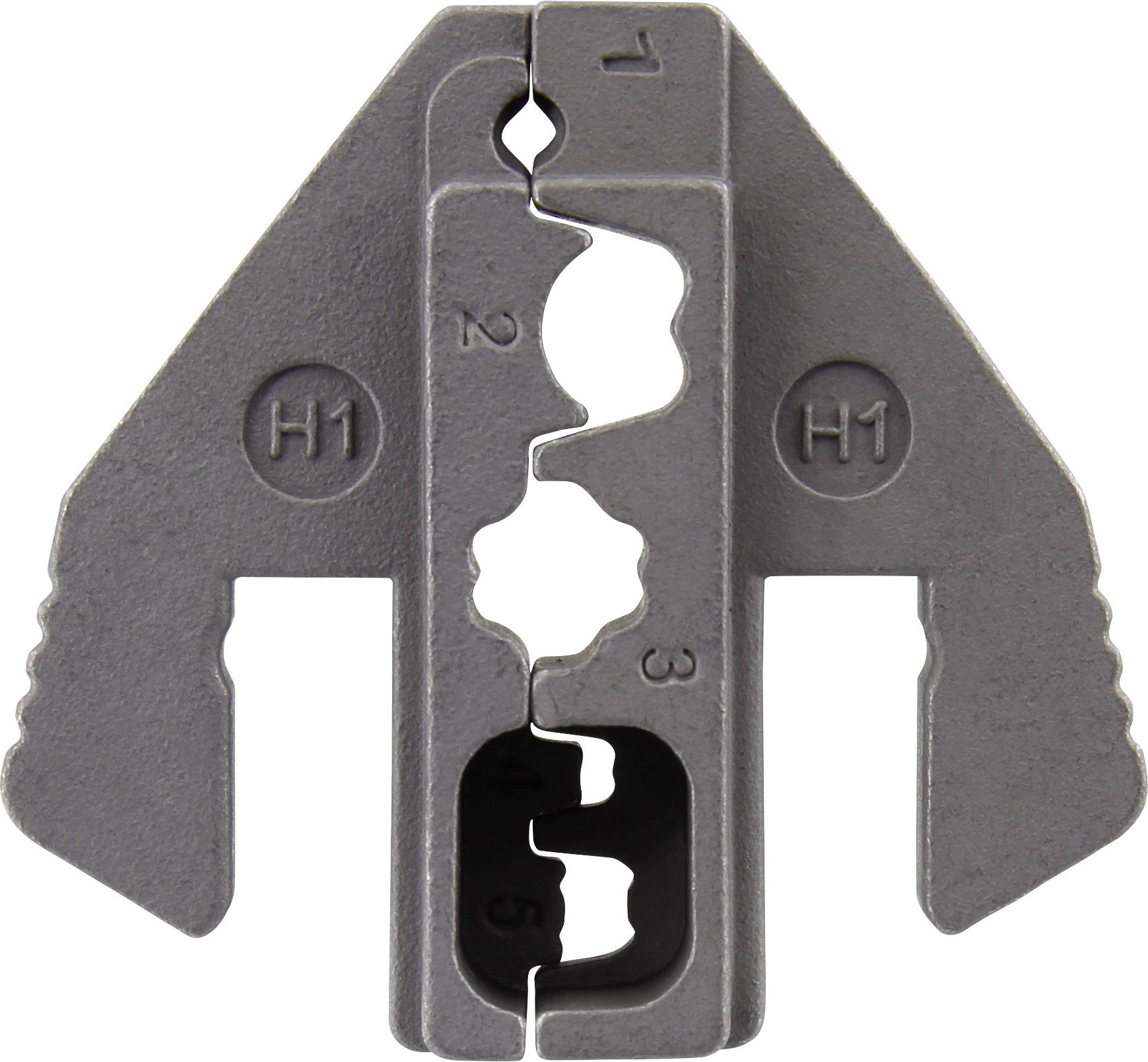 Metallstoffklemme mit Zähnen und nummerierter Skala von 1 bis 5, beschriftet mit 'H1'. Verwendet zur Befestigung von Materialien.