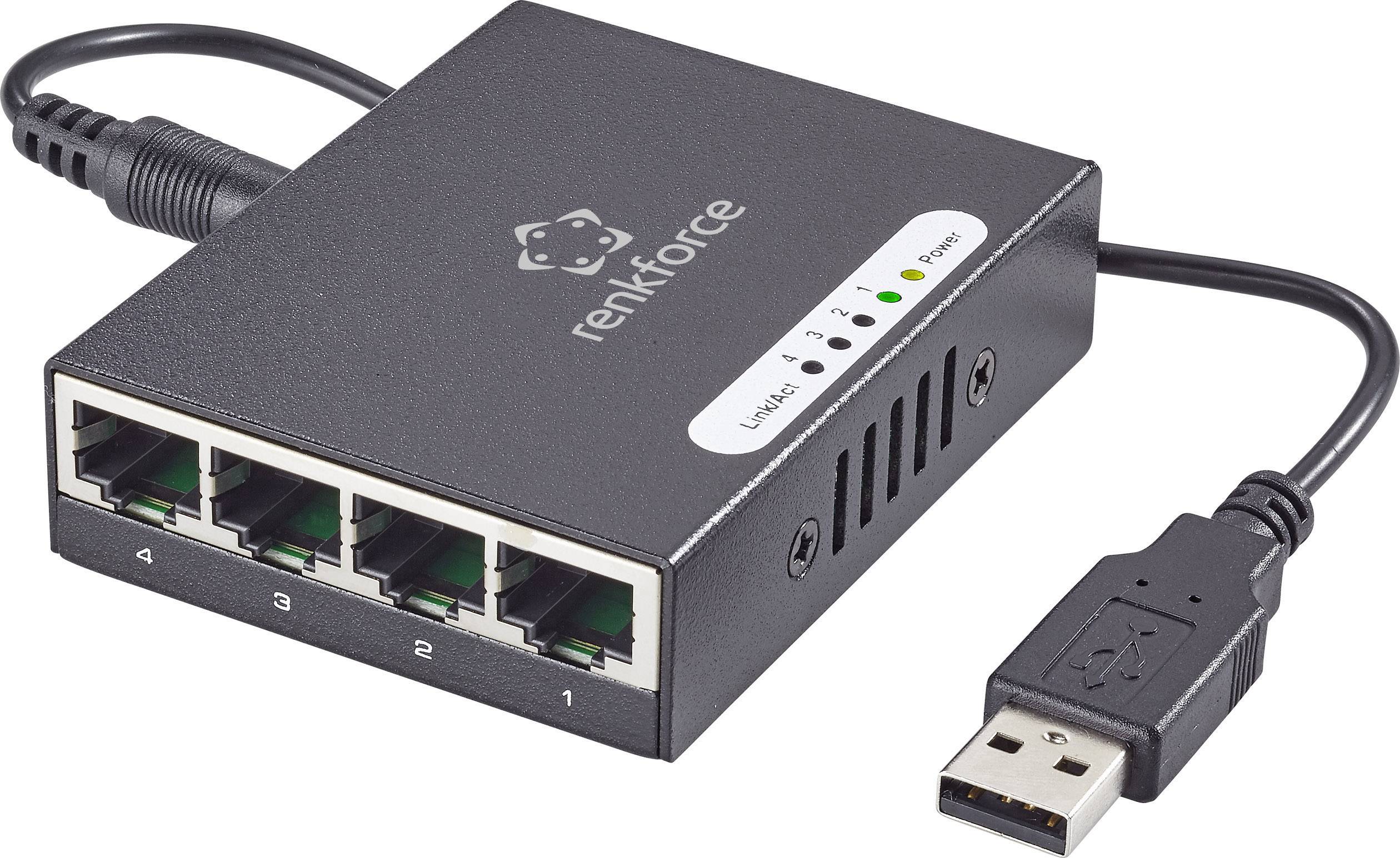 Ein schwarzer USB-Ethernet-Switch der Marke Renkforce mit vier LAN-Ports und einer USB-Verbindung. LEDs zeigen den Verbindungsstatus an.