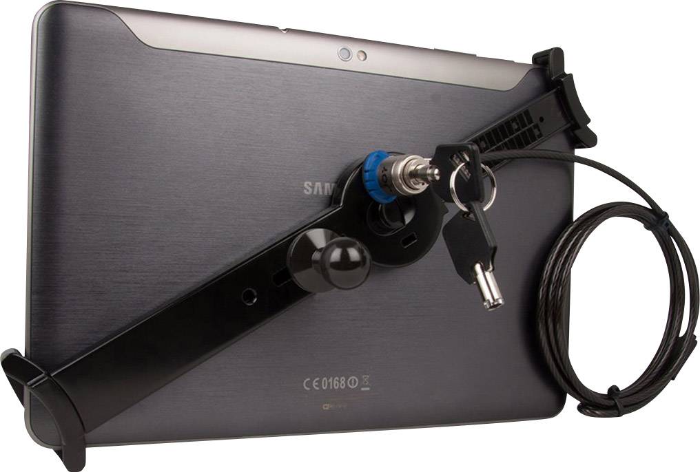 Ein Tablet mit Sicherheitsschloss und Stahlkabel, um Diebstahl zu verhindern. Das Schloss ist an der Rückseite des Tablets befestigt.