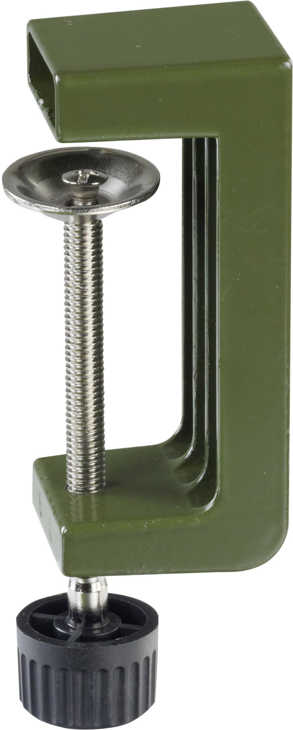 Grüne C-förmige Schraubzwinge mit silbernem Gewinde und schwarzem Drehgriff, verwendet zum Befestigen von Gegenständen an Oberflächen.