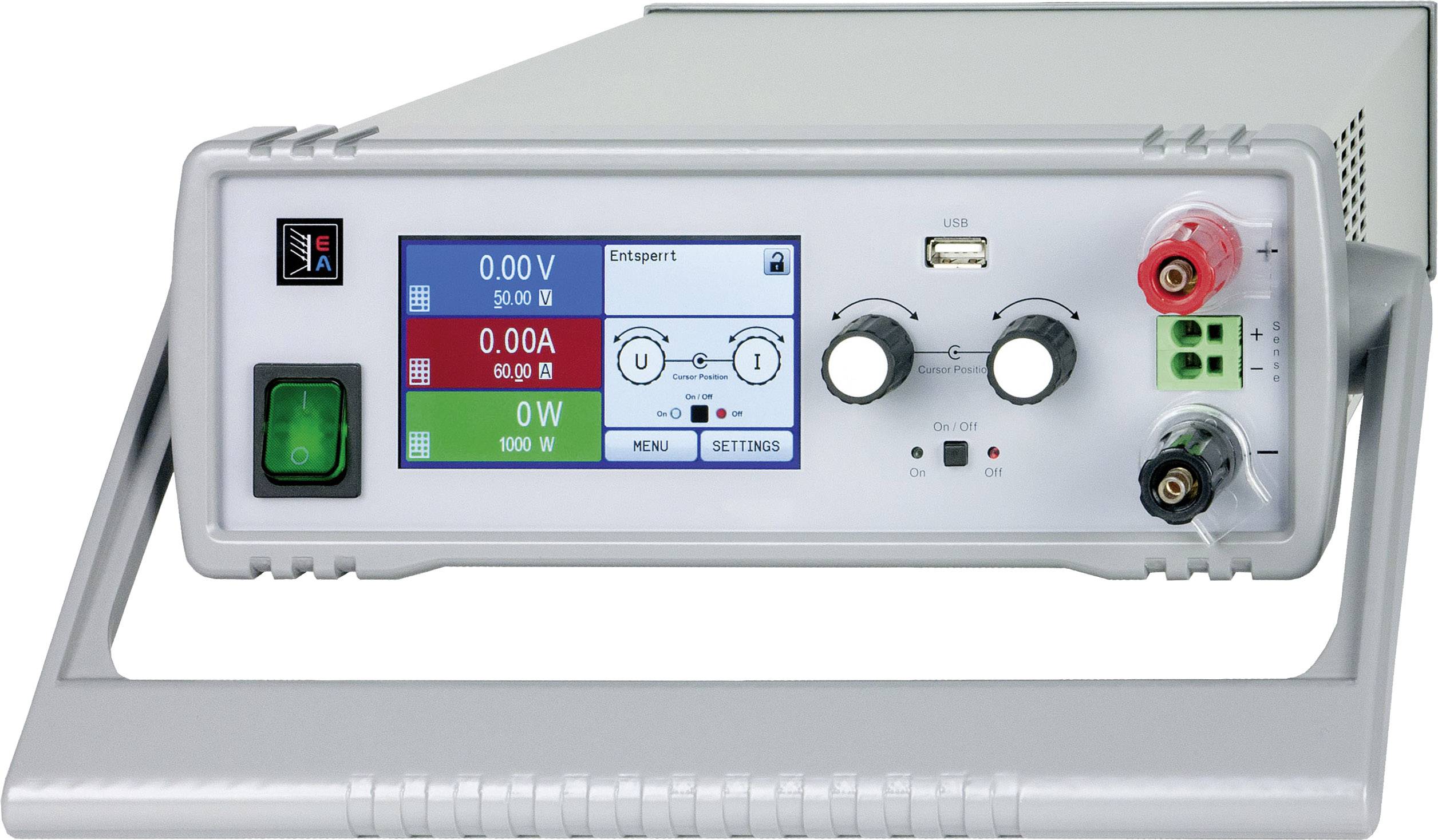 Ein graues elektrisches Testgerät mit digitalem Display zeigt 0,00 Volt und 0,00 Ampere. Bedientasten und Anschlüsse sichtbar.