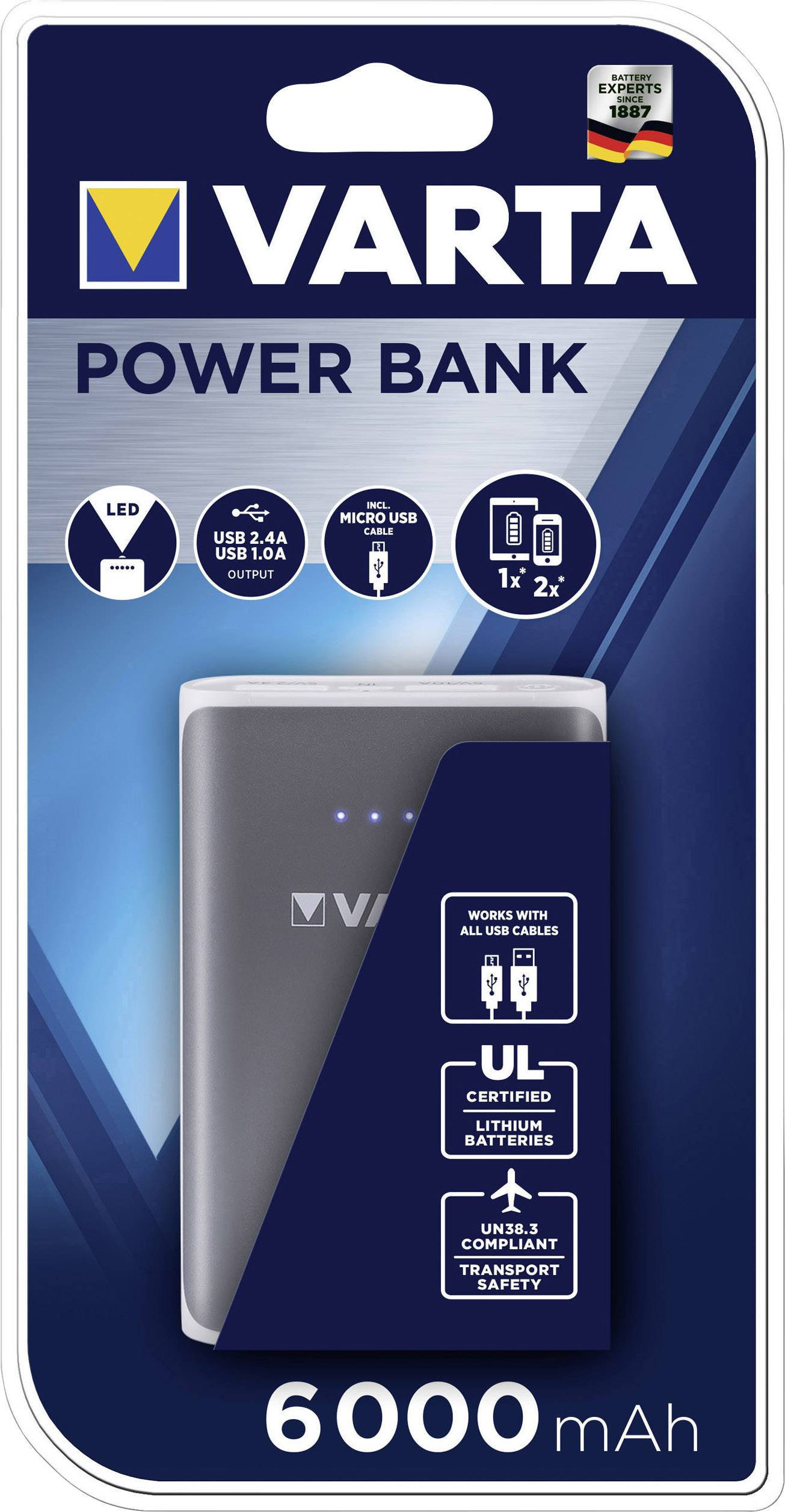 Varta Power Bank 6000mAh Powerbank 6000 mAh Li-Ion Grau, Weiß Statusanzeige