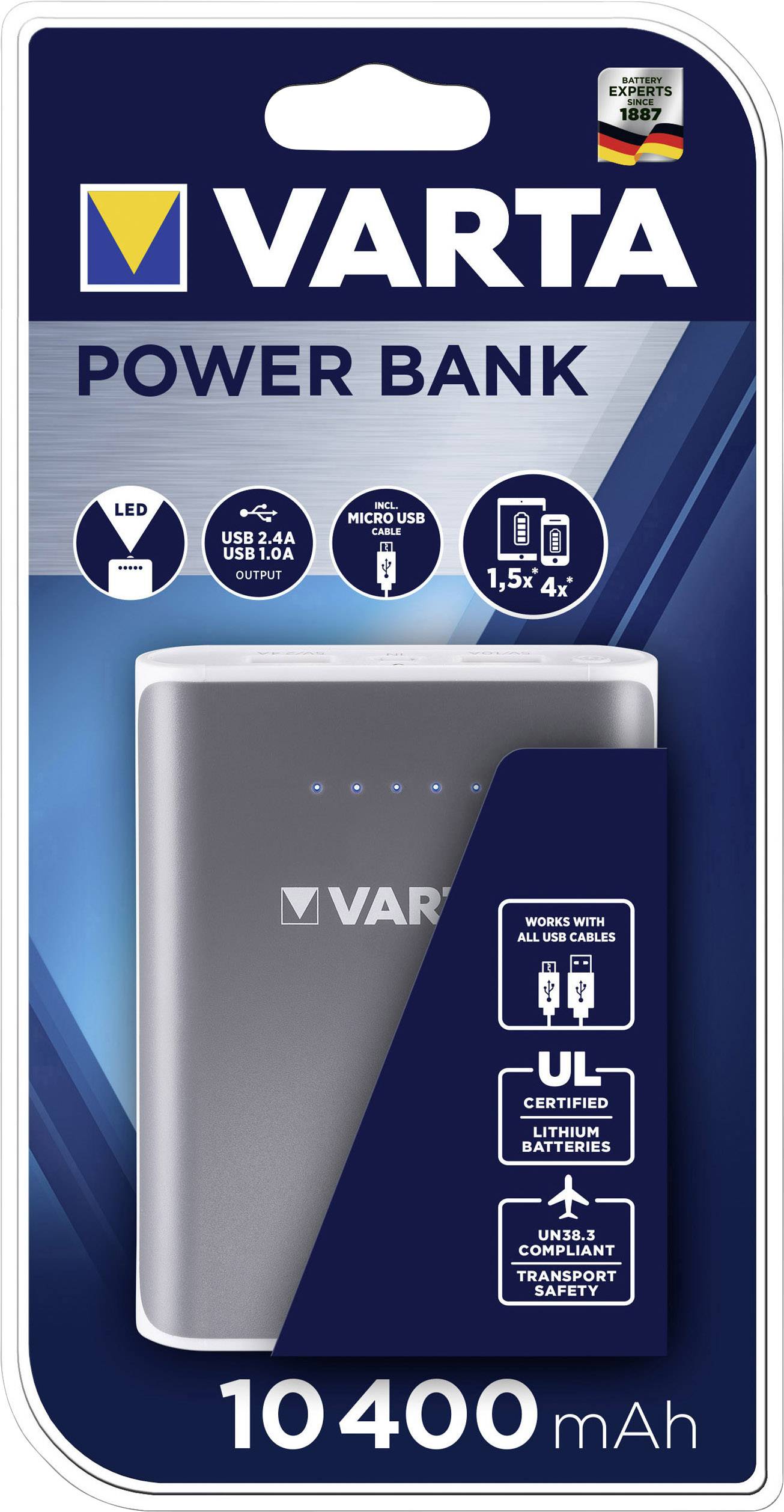 Varta Powerpack family 10400 Powerbank 10400 mAh Li-Ion Micro USB Grau, Weiß Statusanzeige