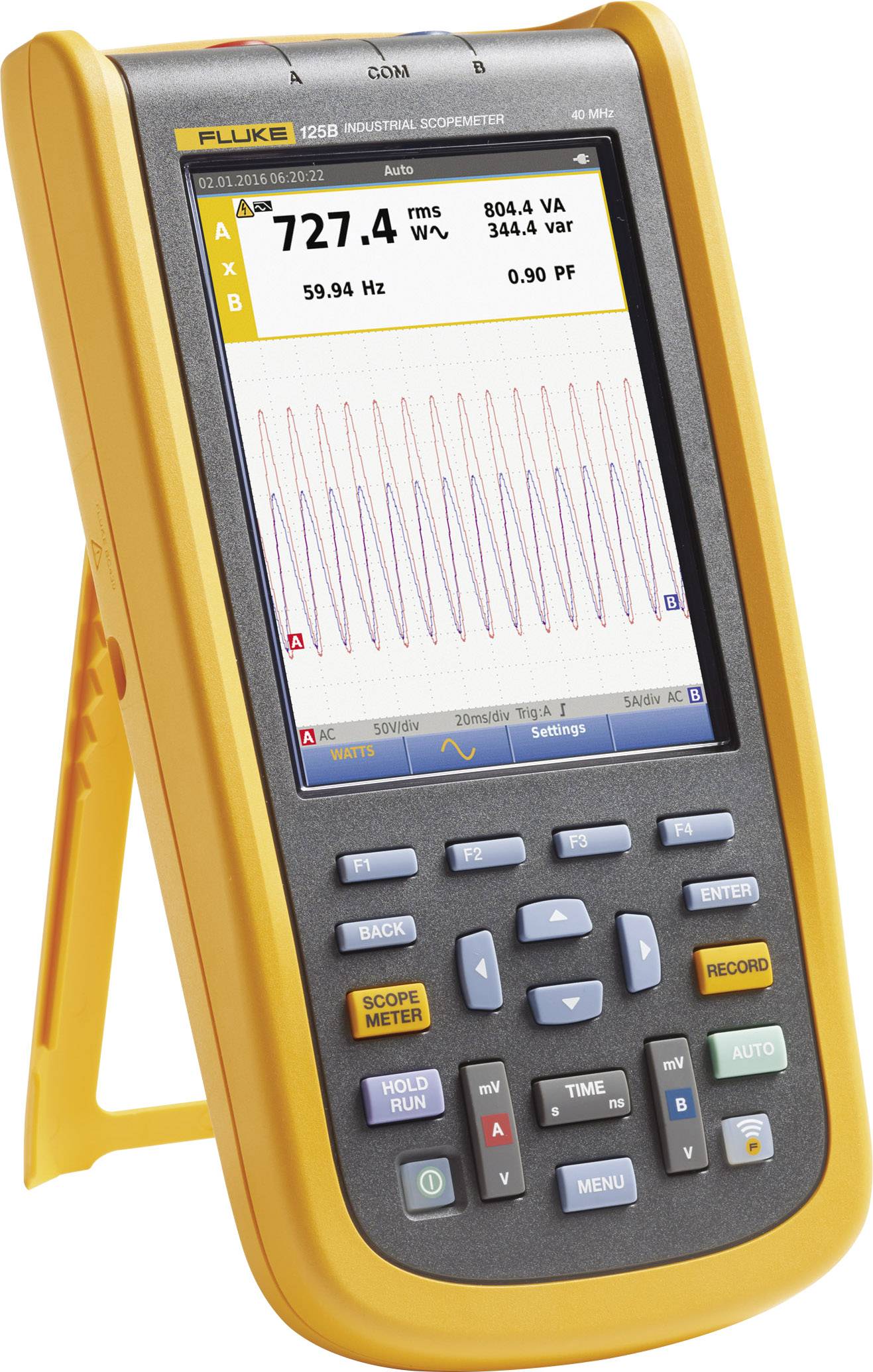 Digitales Handheld-Oszilloskop zeigt eine Wellenform auf dem Display mit einem Wert von 727,4 rms bei 59,94 Hz und einem Leistungsfaktor von 0,90.