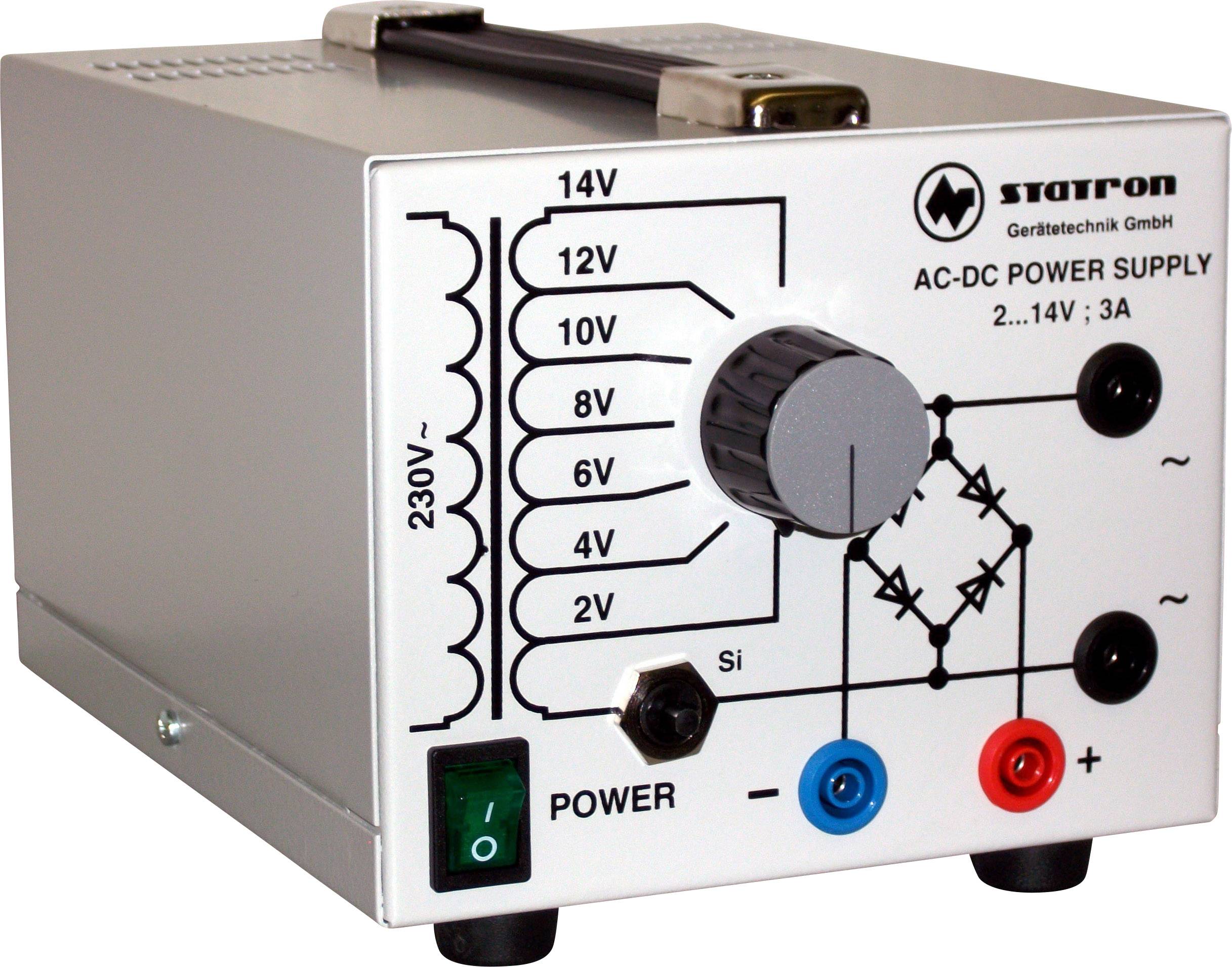 'AC-DC Power Supply' mit wählbarer Ausgangsspannung von 2V bis 14V, 3A. Gerätekontrollknopf und Anschlussbuchsen vorne sichtbar.