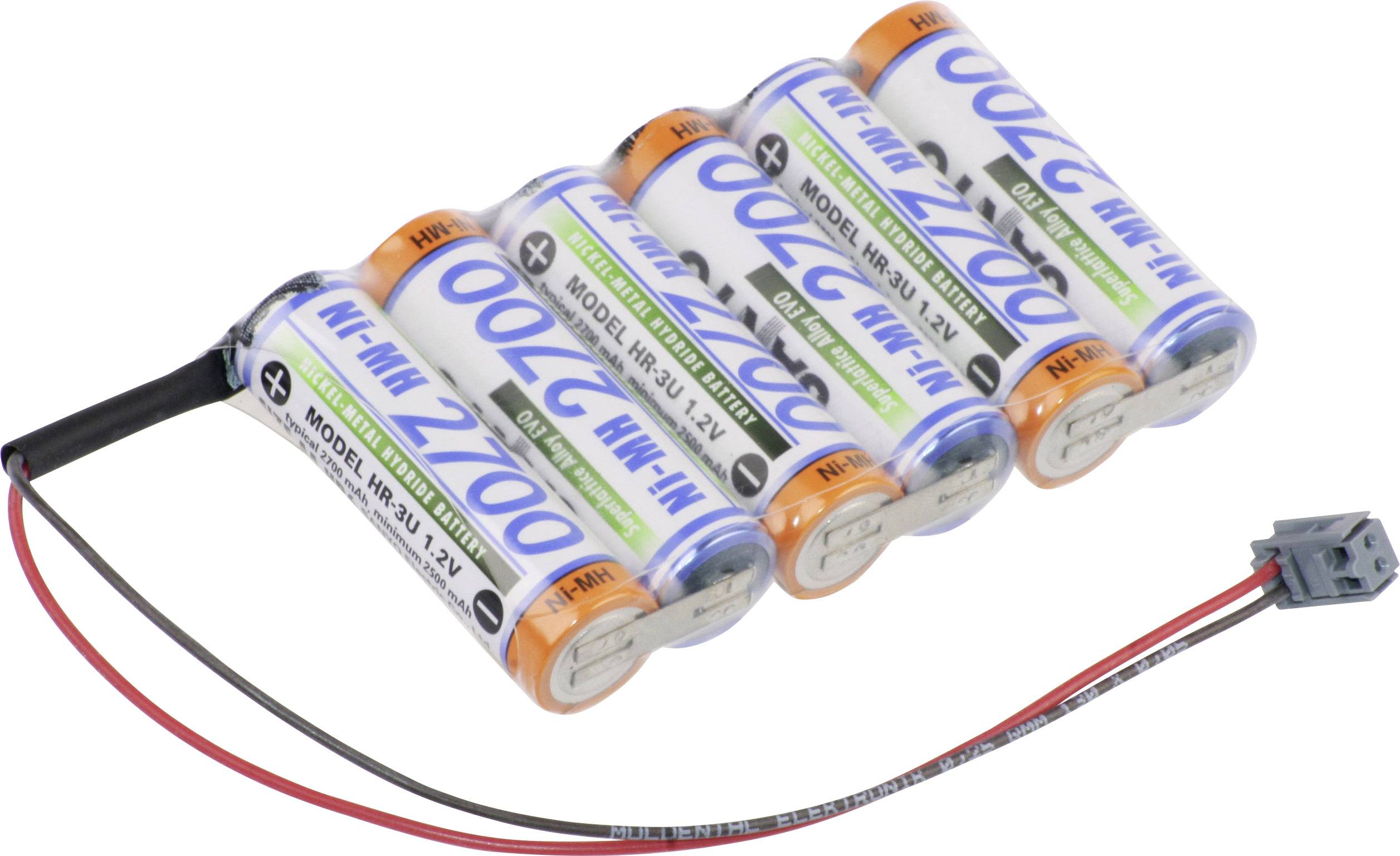 Ein Satz von sechs in Reihe geschalteten Batteriezellen mit Anschlusskabel, beschriftet mit 'Ni-MH 2700 mAh'.