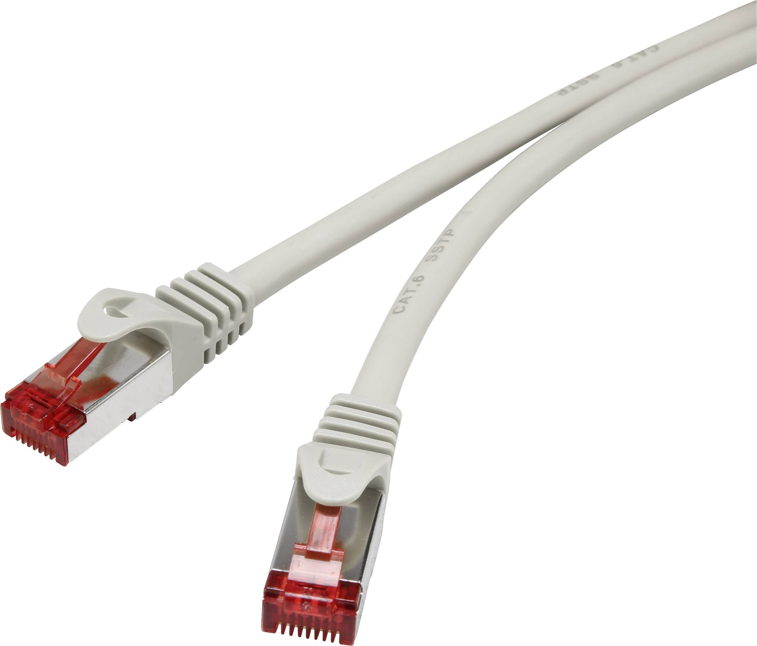 Zwei graue Netzwerkkabel mit roten Steckern an den Enden.