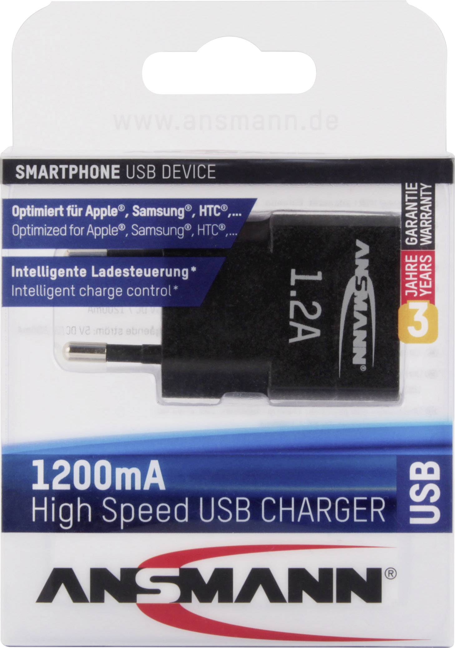 Ansmann iUSBCHARGER 1.2 1001-0030 USB-Ladegerät Steckdose Ausgangsstrom (max.) 1200 mA 1 x USB Auto-Detect