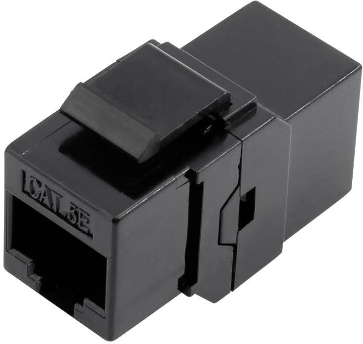 Ein schwarzer CAT-5E Netzwerkkabel-Keystone-Adapter für den Anschluss von Ethernet-Kabeln in Netzwerkinfrastrukturen.