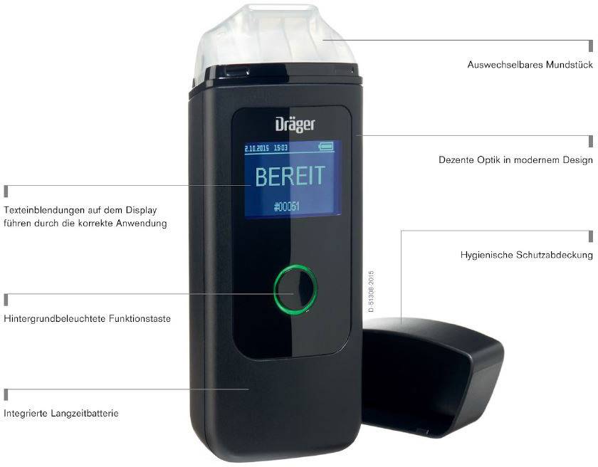 Dräger Alcotest 3820 Multilingual Alkoholtester Schwarz 0 bis 5 ‰ Alarm, Countdown-Funktion, inkl. Display