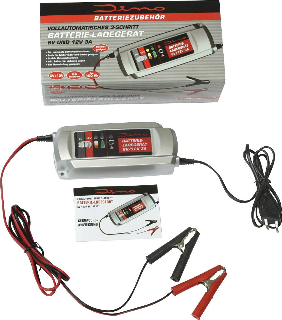 Ladegerät für 6V und 12V Batterien, vollautomatisch, mit Kabeln und Klemmen. Verpackung und Anleitung abgebildet.