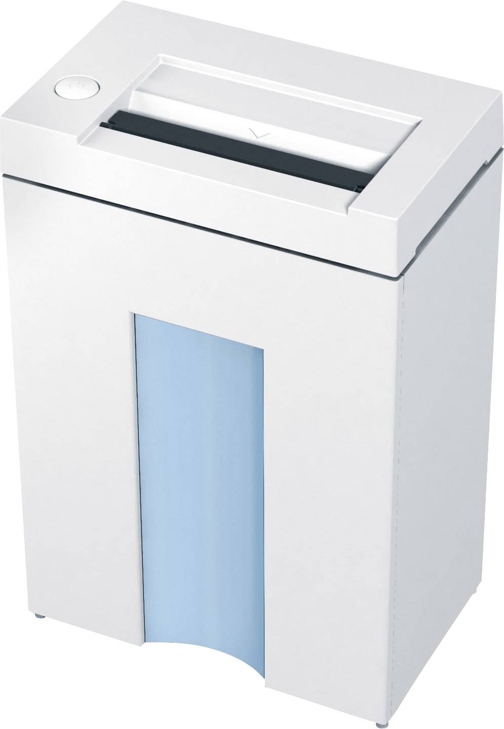 Papierkorb-ähnlicher Aktenvernichter mit einem Schlitz oben zur Papierzufuhr. Hauptsächlich weiß mit einem blauen Designelement.