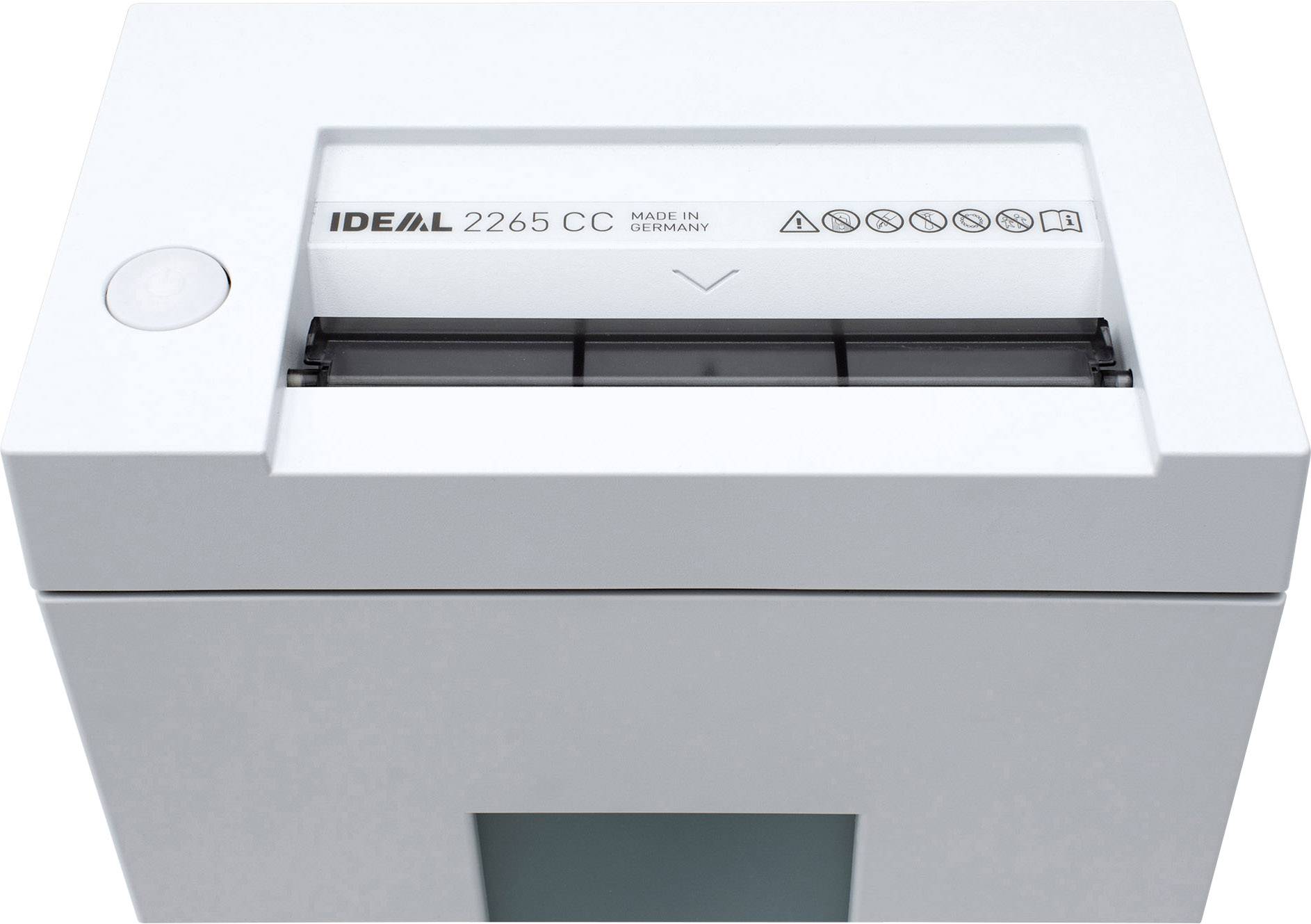 Ein weißer Aktenvernichter mit schmalem Einzugsschlitz und Bedienelementen; Aufschrift oben: 'IDEAL 2265 CC'.