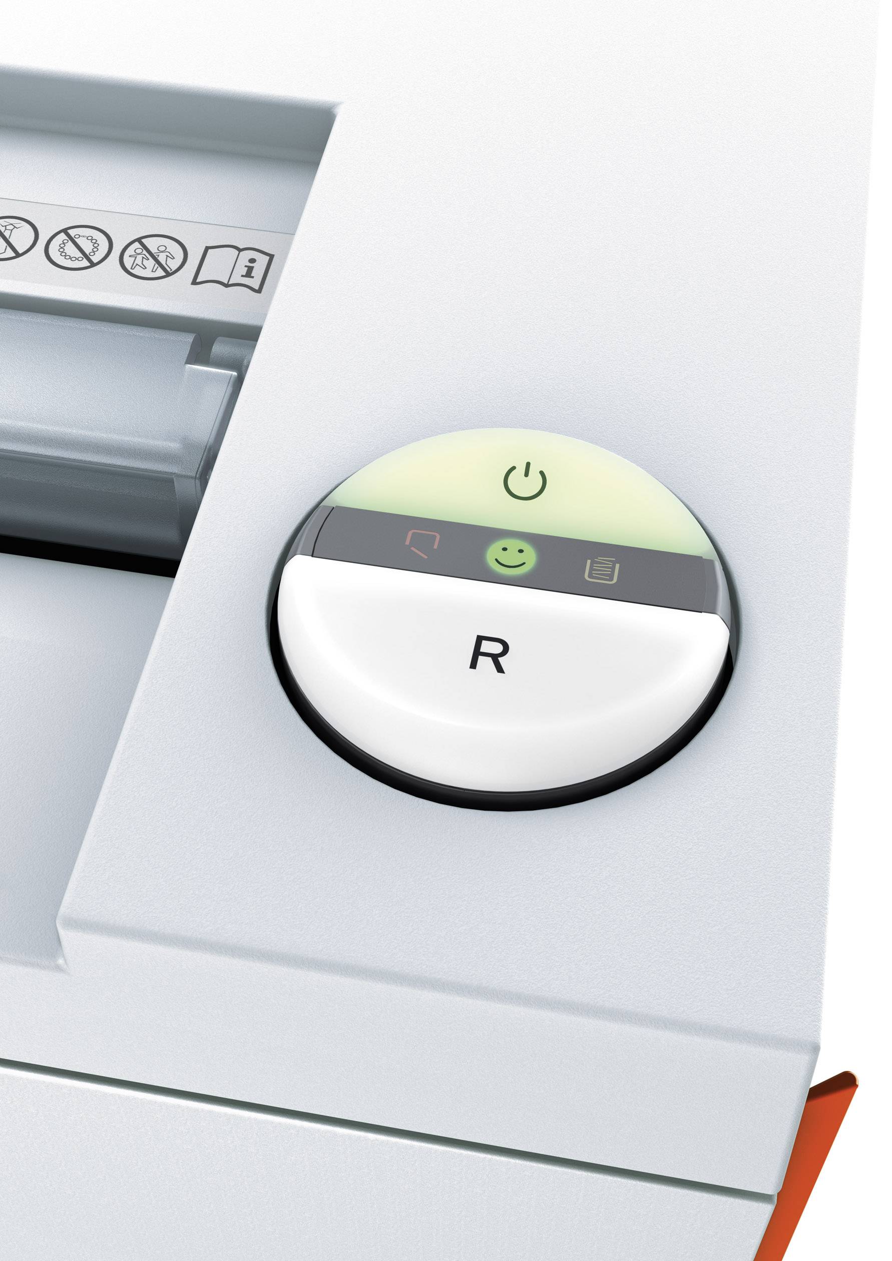 Knopf auf einem Drucker mit grünem Lächel-Gesicht- und Ein/Aus-Symbol. Symbole signalisieren Betriebsbereitschaft.