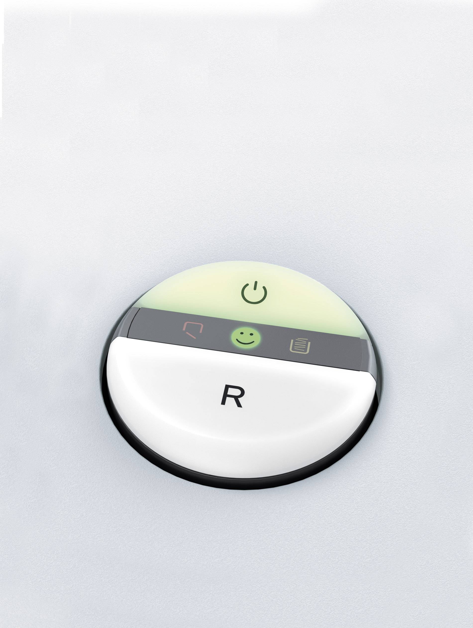 Ein weißer runder Knopf mit der Aufschrift 'R'. Darüber leuchten Symbole: ein Power-Symbol, ein Smiley und ein Dokumentensymbol.
