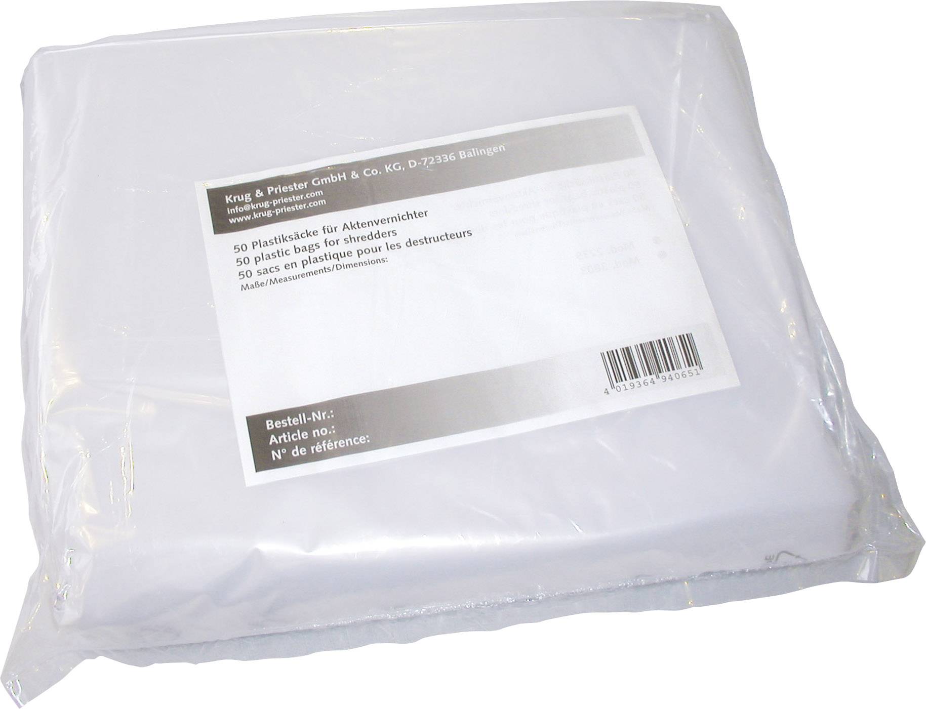 Eine Packung mit 50 Plastiksäcken für Aktenvernichter. Verpackung hat ein Etikett mit Produktinformationen und Bestellnummer.