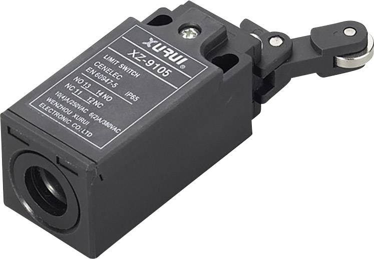 Schwarzer Endschalter mit Hebelarm, Modell XZ-9105, von Yuyue Electronic Co., Ltd. Gehäuse mit Etikett und technischen Spezifikationen.