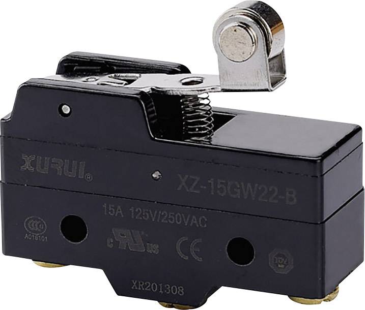 Ein schwarzer Mikroschalter mit dem Aufdruck 'XZ-15GW22-B', geeignet für 15A, 125/250VAC Anwendungen.