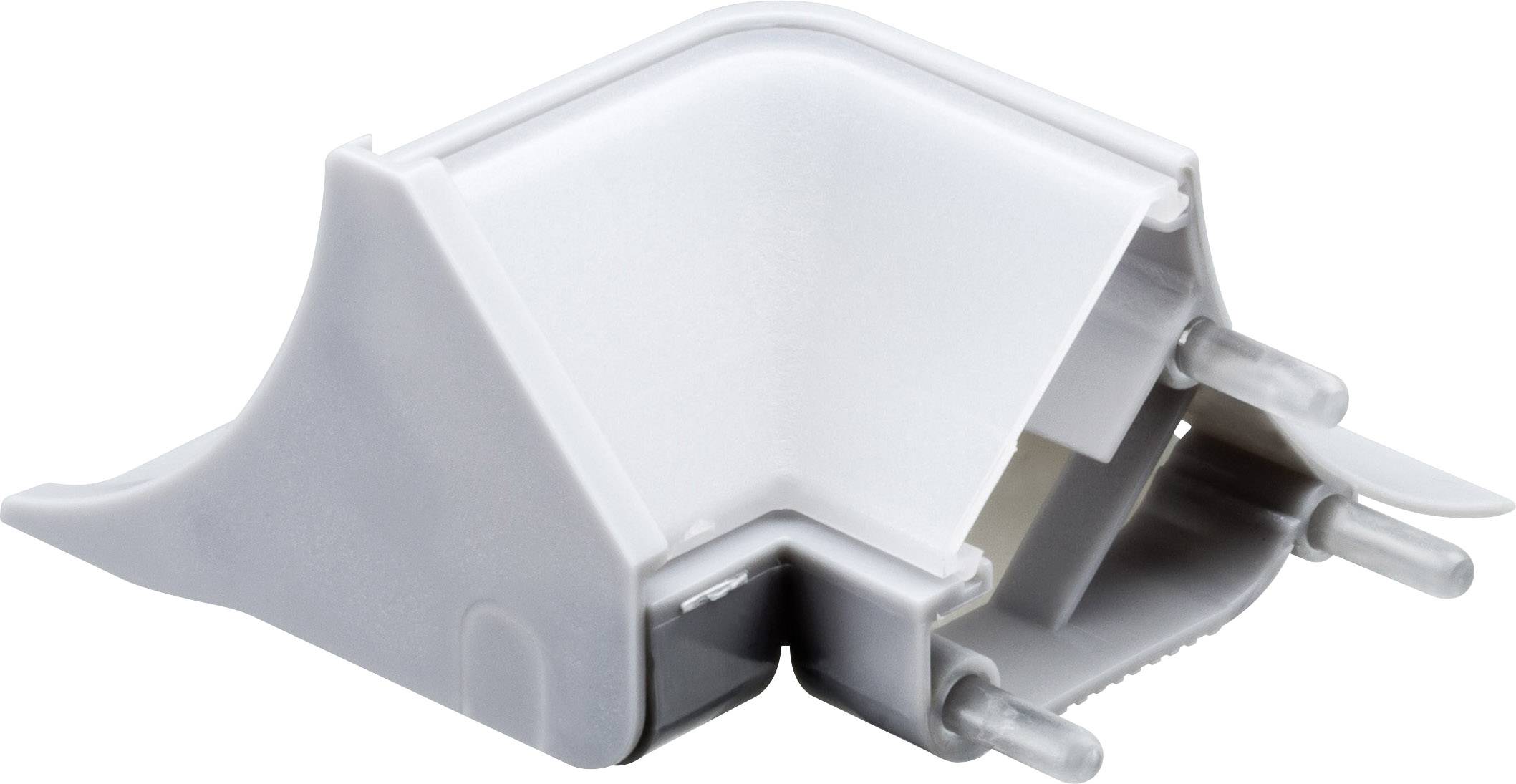 Grauer Kunststoffwinkelverbinder mit zwei Metallstiften, verwendet zur Verbindung von Leisten oder Schienen in 90-Grad-Ecken.