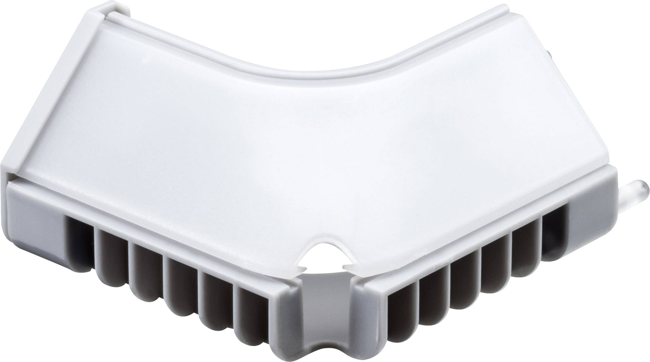 Graues, V-förmiges Objekt mit gerillter Unterseite und glatter Oberseite, möglicherweise ein Teil eines größeren Geräts oder Möbelstücks.