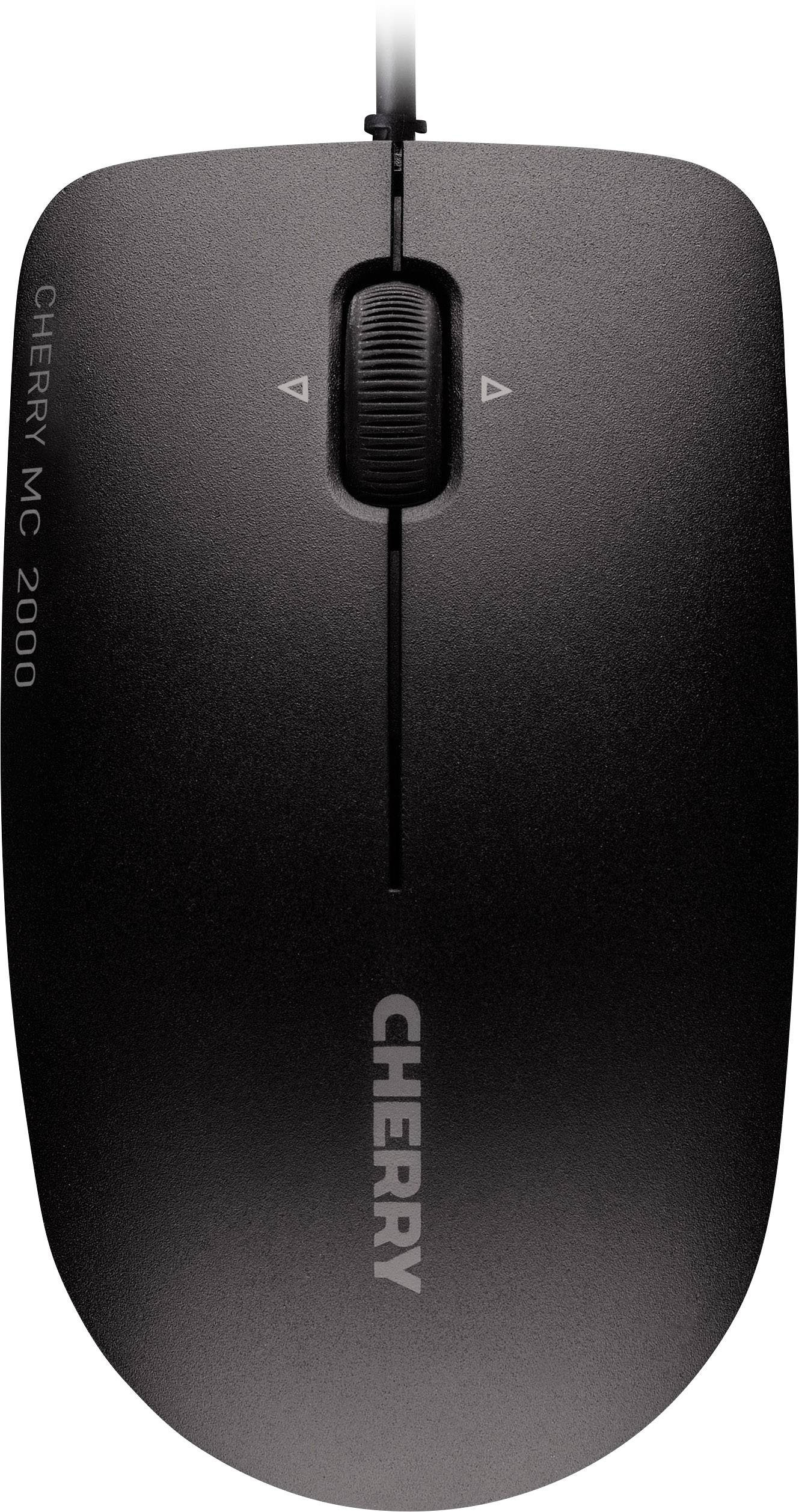 Eine schwarze Computermouse mit Kabel, Scrollrad und zwei Klicktasten. Markenname 'Cherry' ist auf der Oberseite sichtbar.