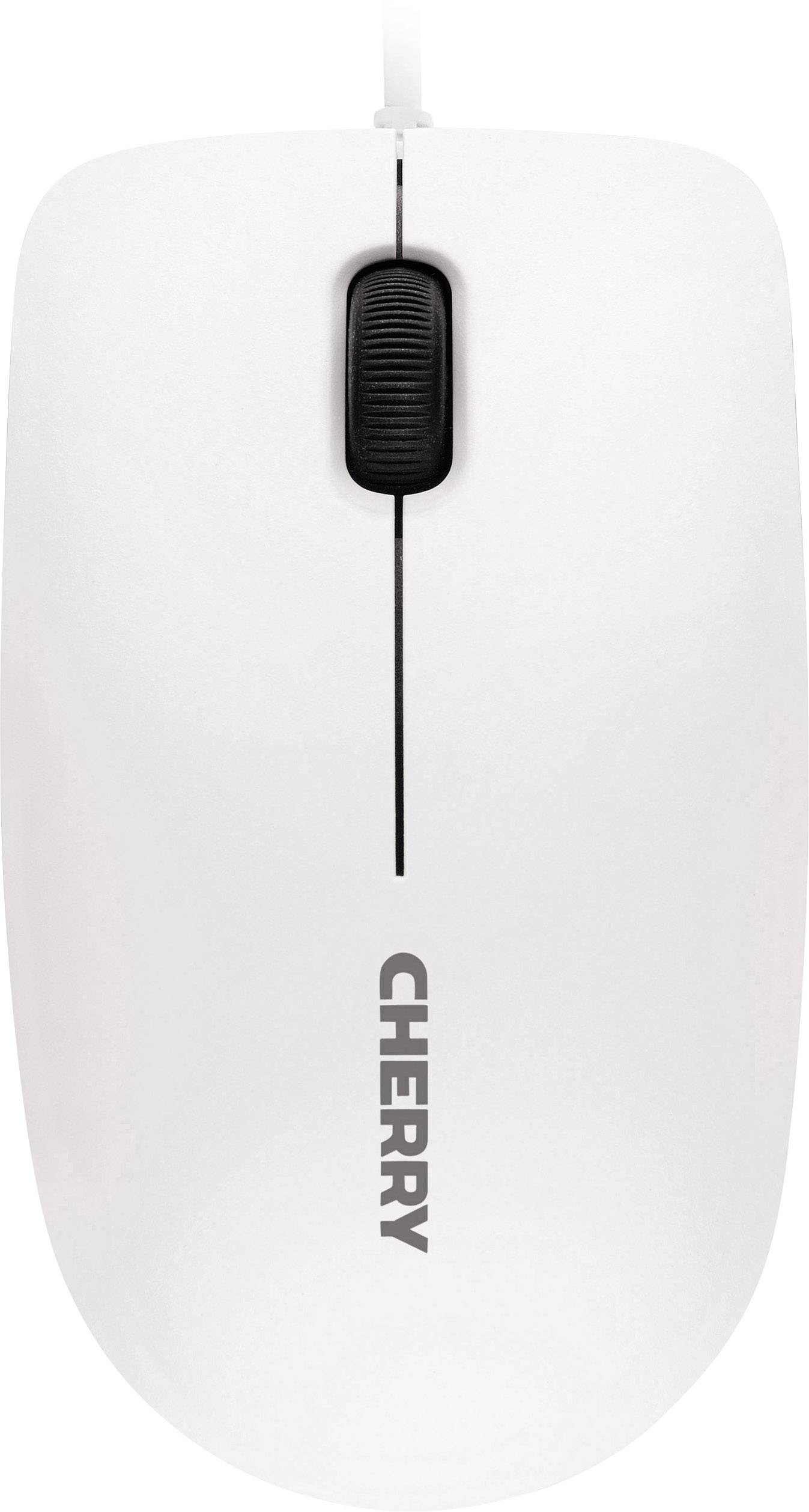 Weiße Computermaus mit Kabel und der Aufschrift 'CHERRY' in schwarzer Schrift oben.