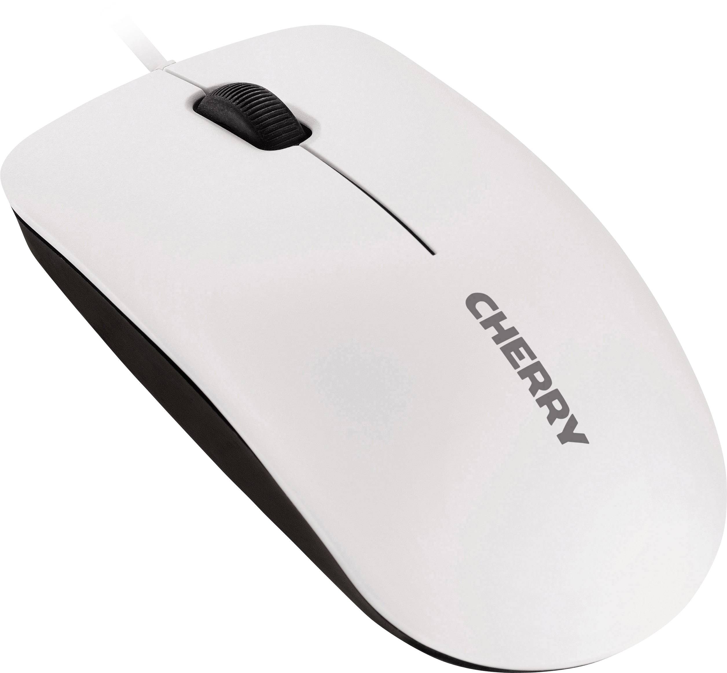 Weiße Computermouse mit Rad und seitlichem schwarzen Streifen, bedruckt mit dem Markenlogo 'CHERRY'.