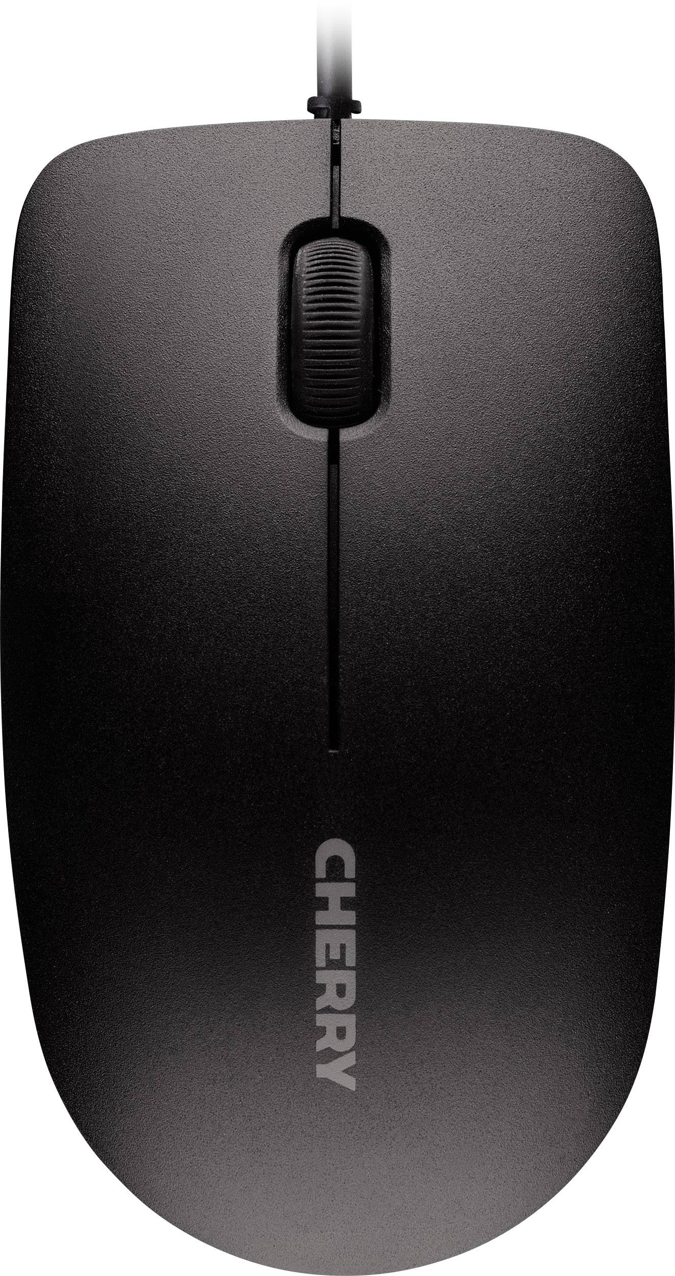 Schwarze Computermaus mit Kabel, Scrollrad und der Aufschrift 'CHERRY' auf der Vorderseite.