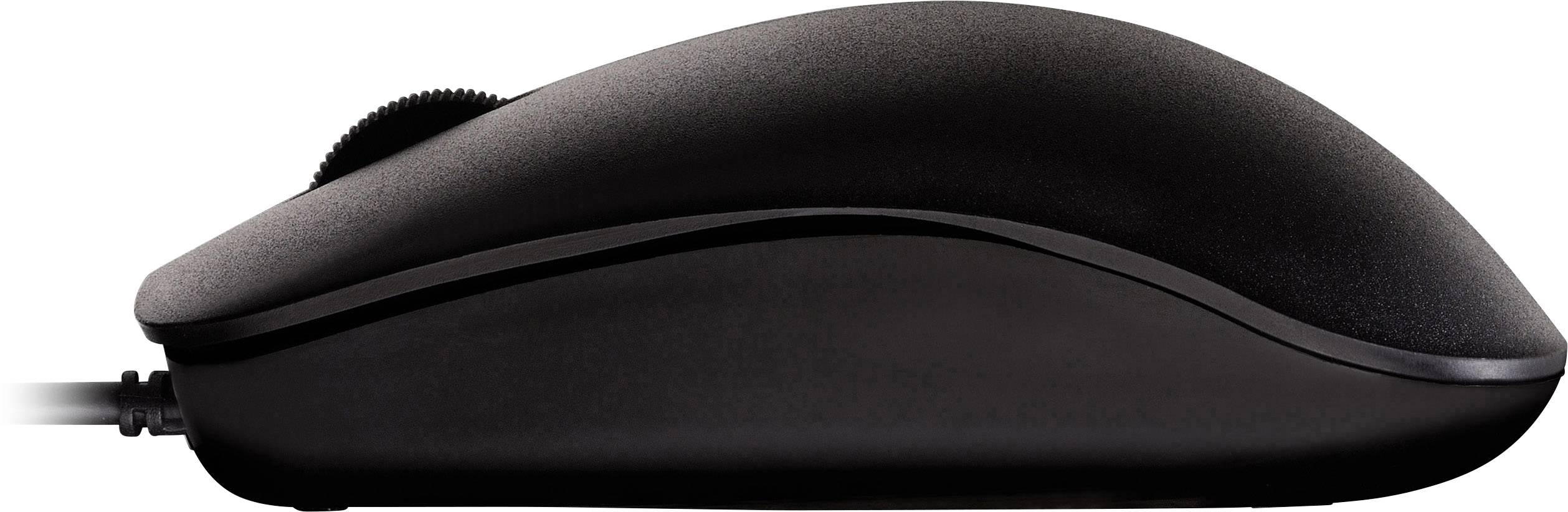 Schwarze Computermaus in seitlicher Ansicht mit Kabelverbindung. Das Design ist schlicht und ergonomisch, geeignet für den Bürogebrauch.