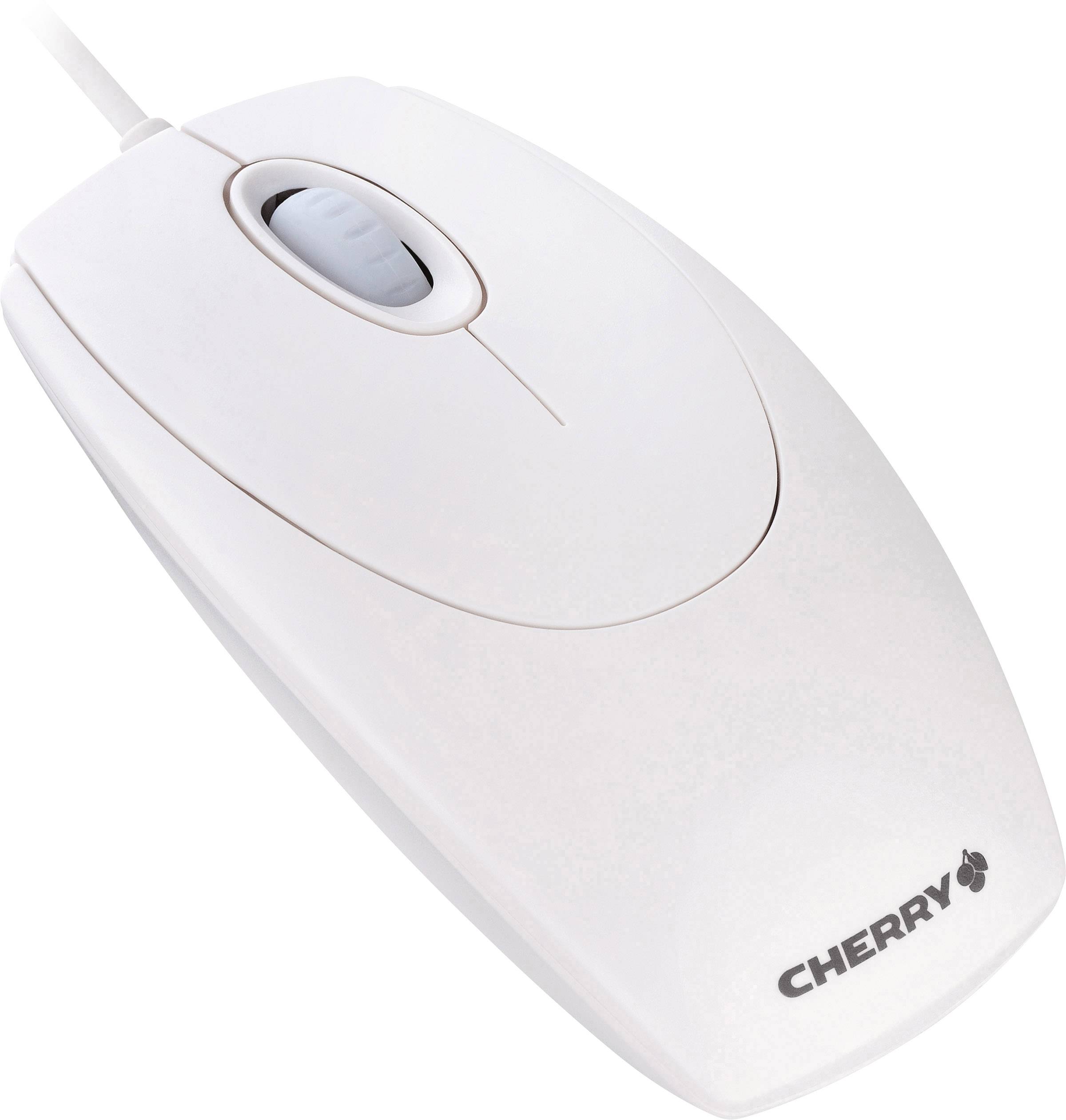 Eine weiße Computermaus mit Scrollrad und der Marke 'Cherry' unten rechts aufgedruckt.