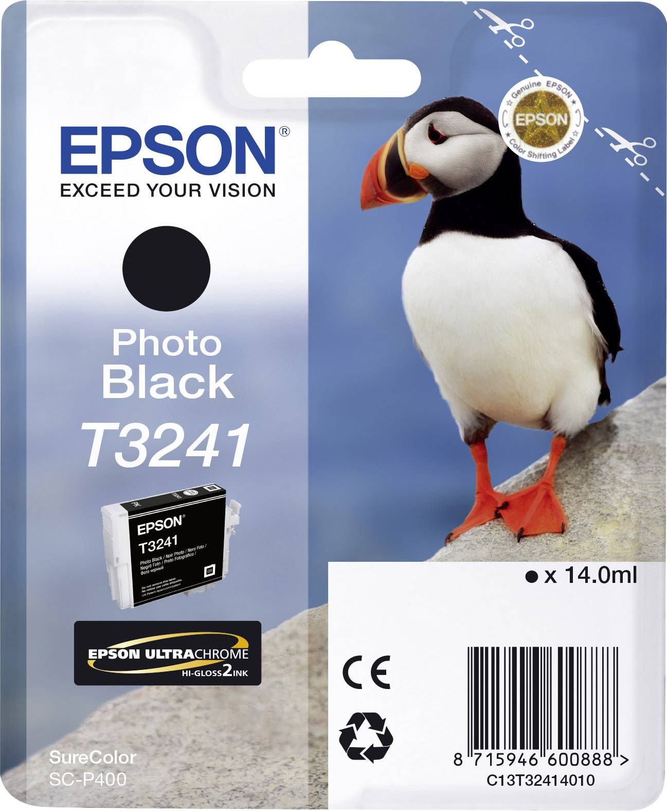 Epson-Tintenpatrone in 'Photo Black' für SureColor SC-P400 Drucker, Bild eines Papageitauchers auf einem Felsen, 14 ml Inhalt.