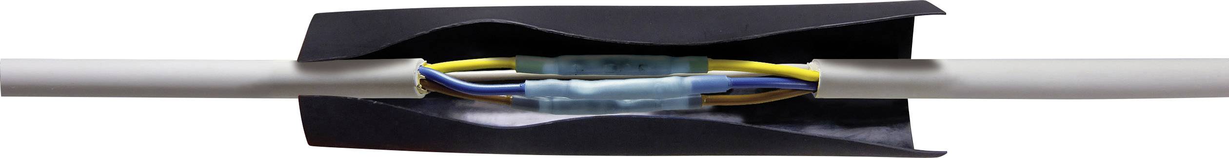 Aufgeschnittene elektrische Kabelverbindung, bei der Drähte mit blauen Verbindungsklemmen verbunden und mit schwarzem Isoliermaterial umwickelt sind.