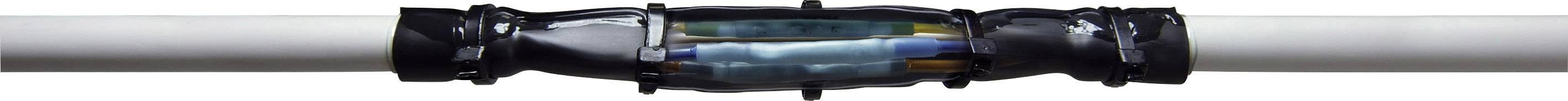 Runder Glasverbinder mit eingespanntem Metallrohr; dekorativer Akzent mit blauen und gelben Reflexen im Glas, zentriert im Bild.