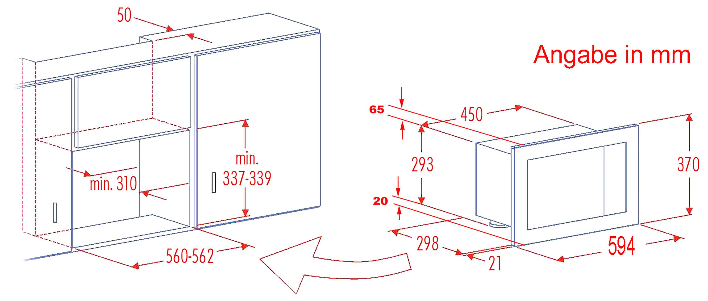 Montageanleitung für eine Mikrowelle: Einbauschrank mit Maßen 560-562 mm Breite, 337-339 mm Höhe, Mikrowelle 594 mm Breite.