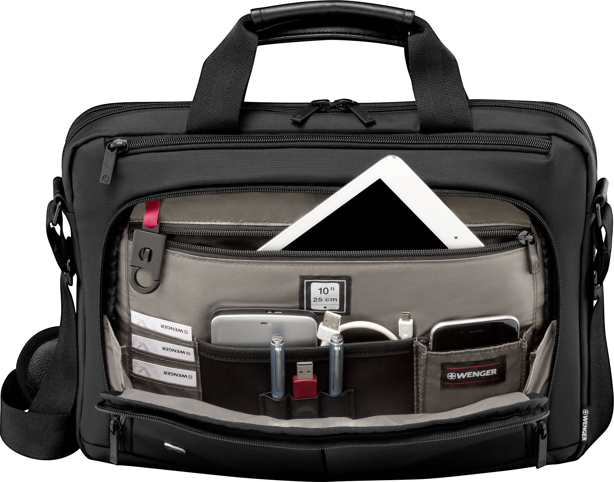 Laptoptasche geöffnet, zeigt Fächer mit Tablet, Stiften, USB-Sticks und Zubehör, geeignet für Organisation von Büroartikeln.